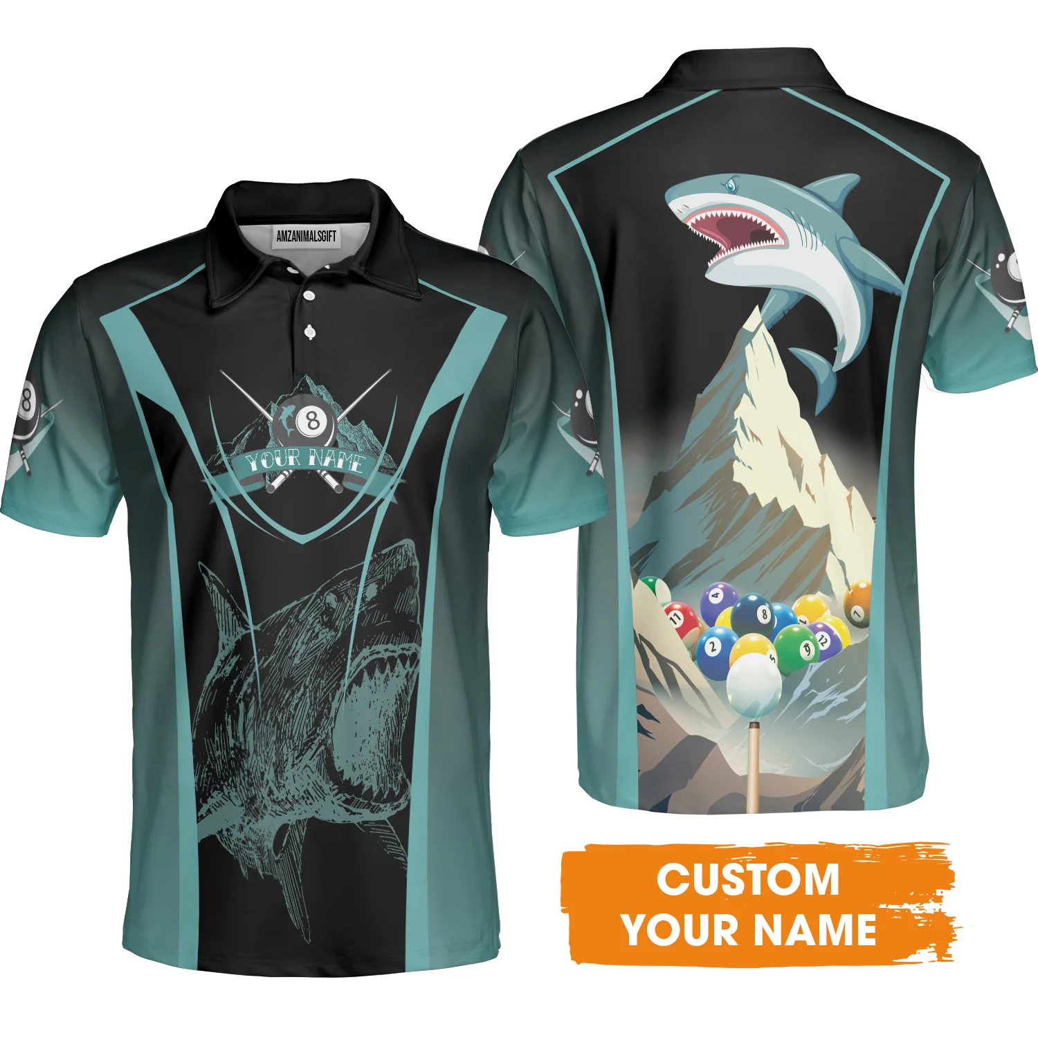 8 Ball Billiards Custom Name Men Polo Shirts, Personalized 8 Ball Sharks Polo Shirts - Best Gift For Billiards Lovers