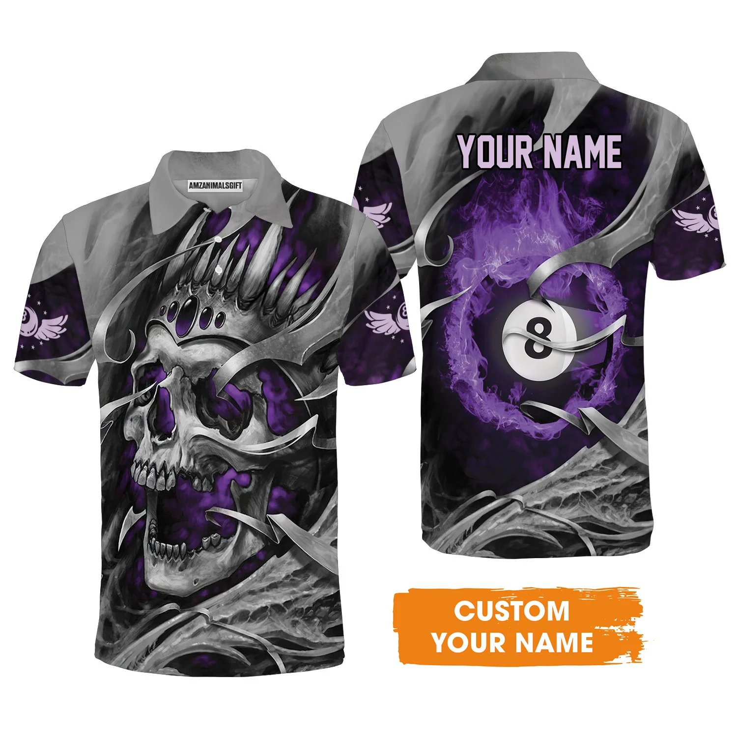 8 Ball Billiards Custom Name Men Polo Shirts, Personalized Billiards Skull Flaming Purple Polo Shirts - Best Gift For Billiards Lovers