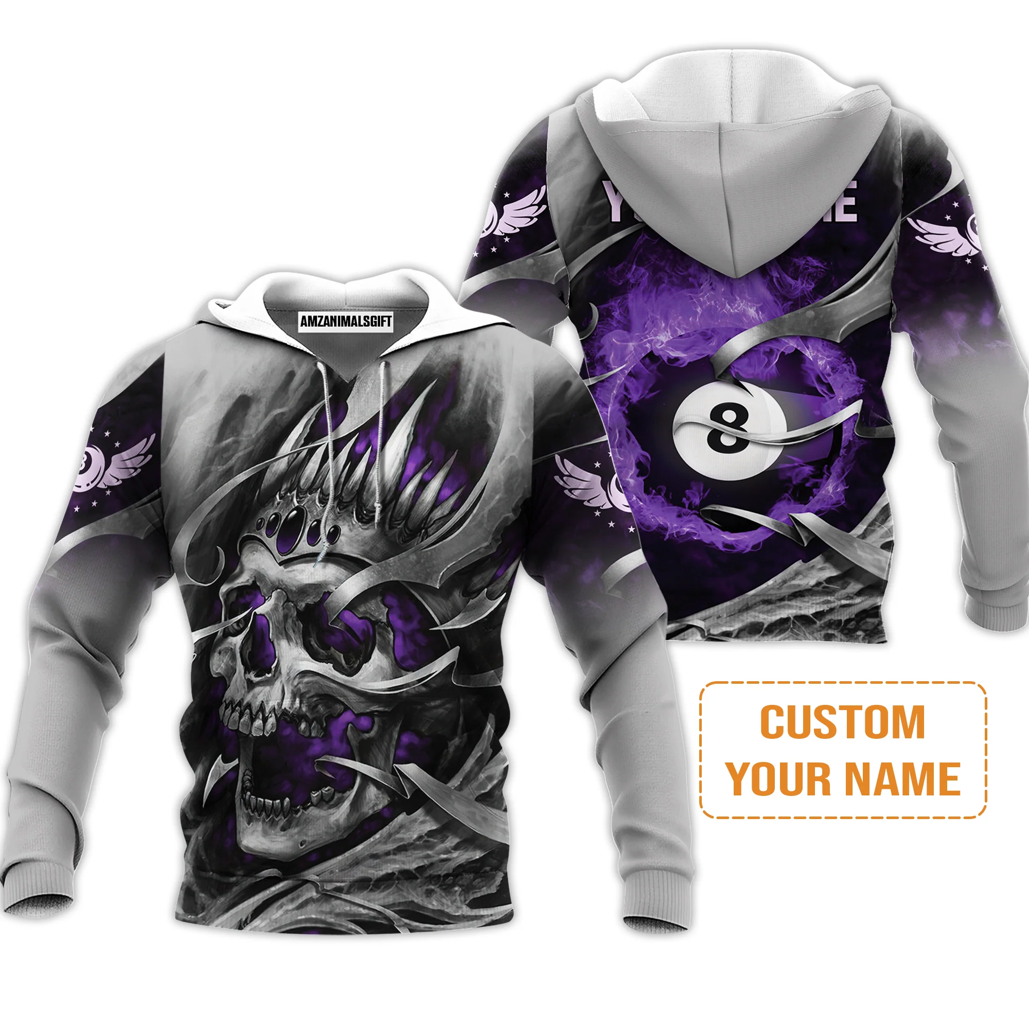 8 Ball Billiards Custom Name Men Polo Shirts, Personalized Billiards Skull Flaming Purple Polo Shirts - Best Gift For Billiards Lovers - Image 3
