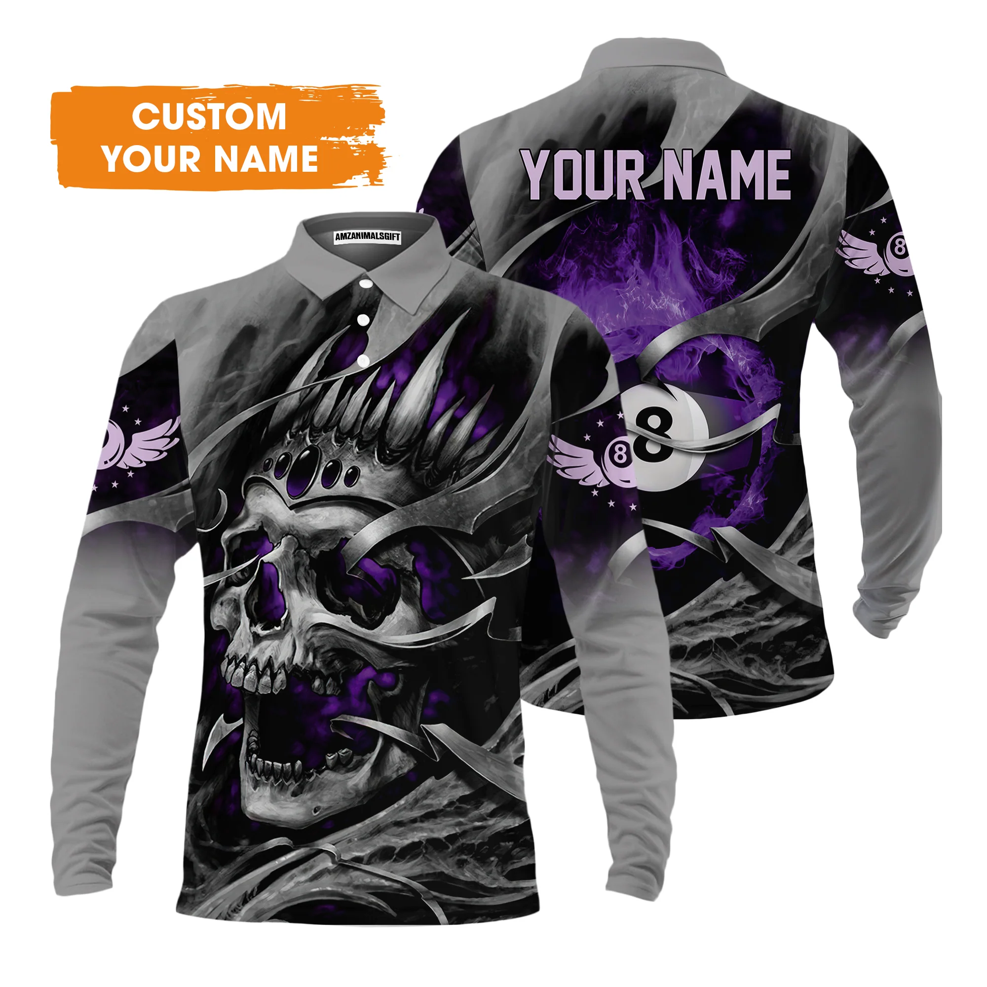 8 Ball Billiards Custom Name Men Polo Shirts, Personalized Billiards Skull Flaming Purple Polo Shirts - Best Gift For Billiards Lovers - Image 4
