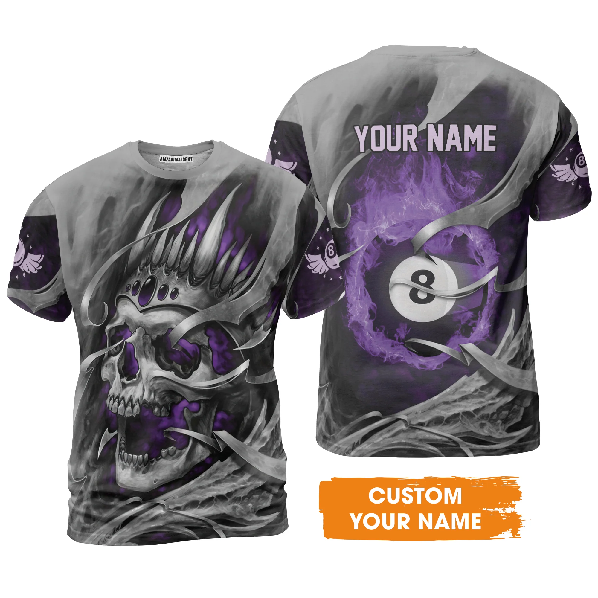 8 Ball Billiards Custom Name Men Polo Shirts, Personalized Billiards Skull Flaming Purple Polo Shirts - Best Gift For Billiards Lovers - Image 6