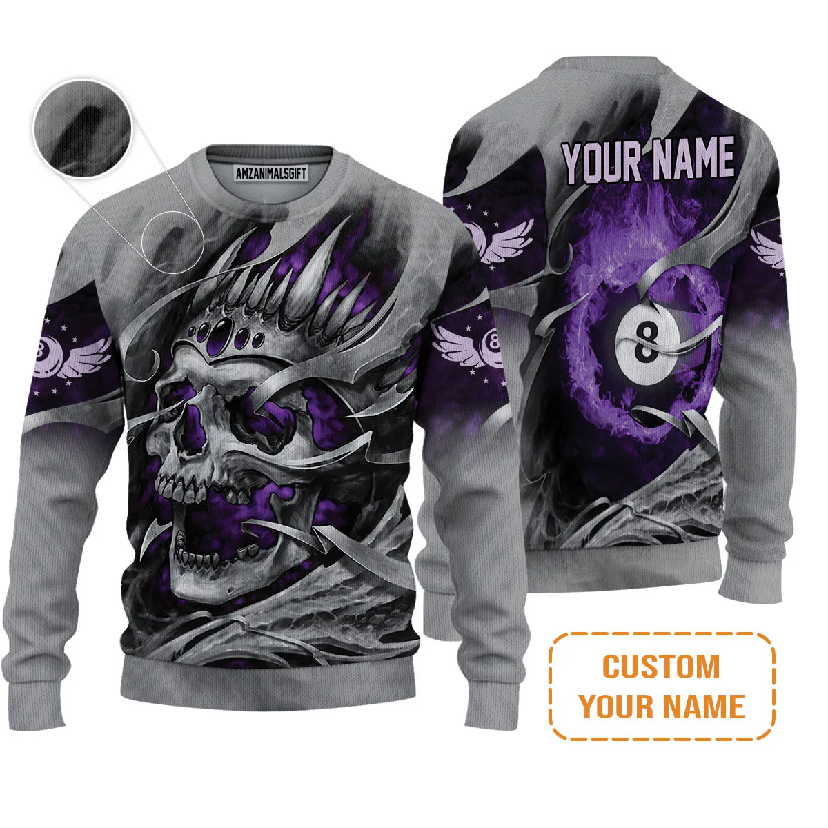 8 Ball Billiards Custom Name Men Polo Shirts, Personalized Billiards Skull Flaming Purple Polo Shirts - Best Gift For Billiards Lovers - Image 7