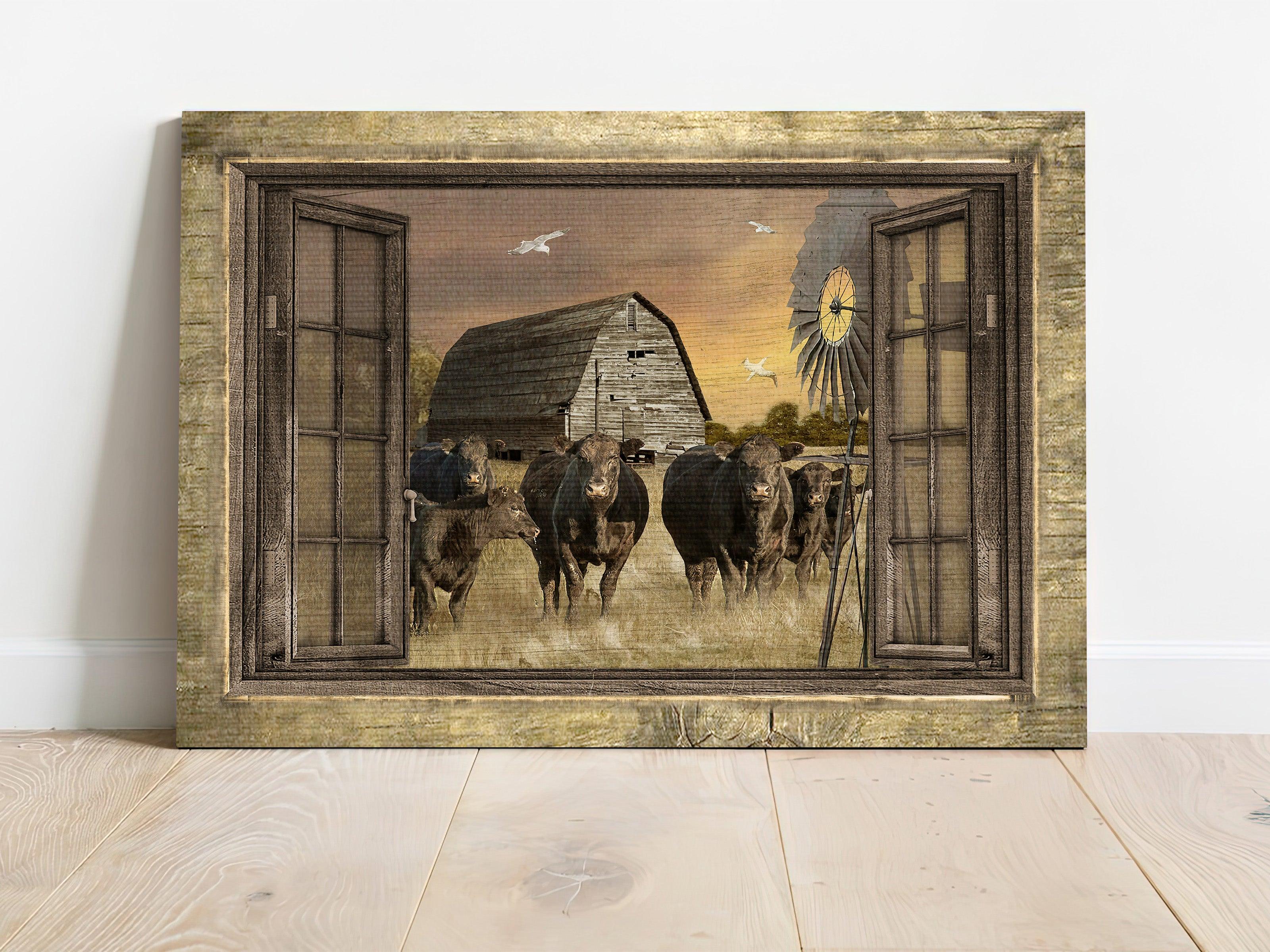 Aberdeen Angus Premium Wrapped Landscape Canvas - Old Barn Painting, Aberdeen Angus, Countryside, Windmill - Gift For Farmers, Farm Lovers - Image 2