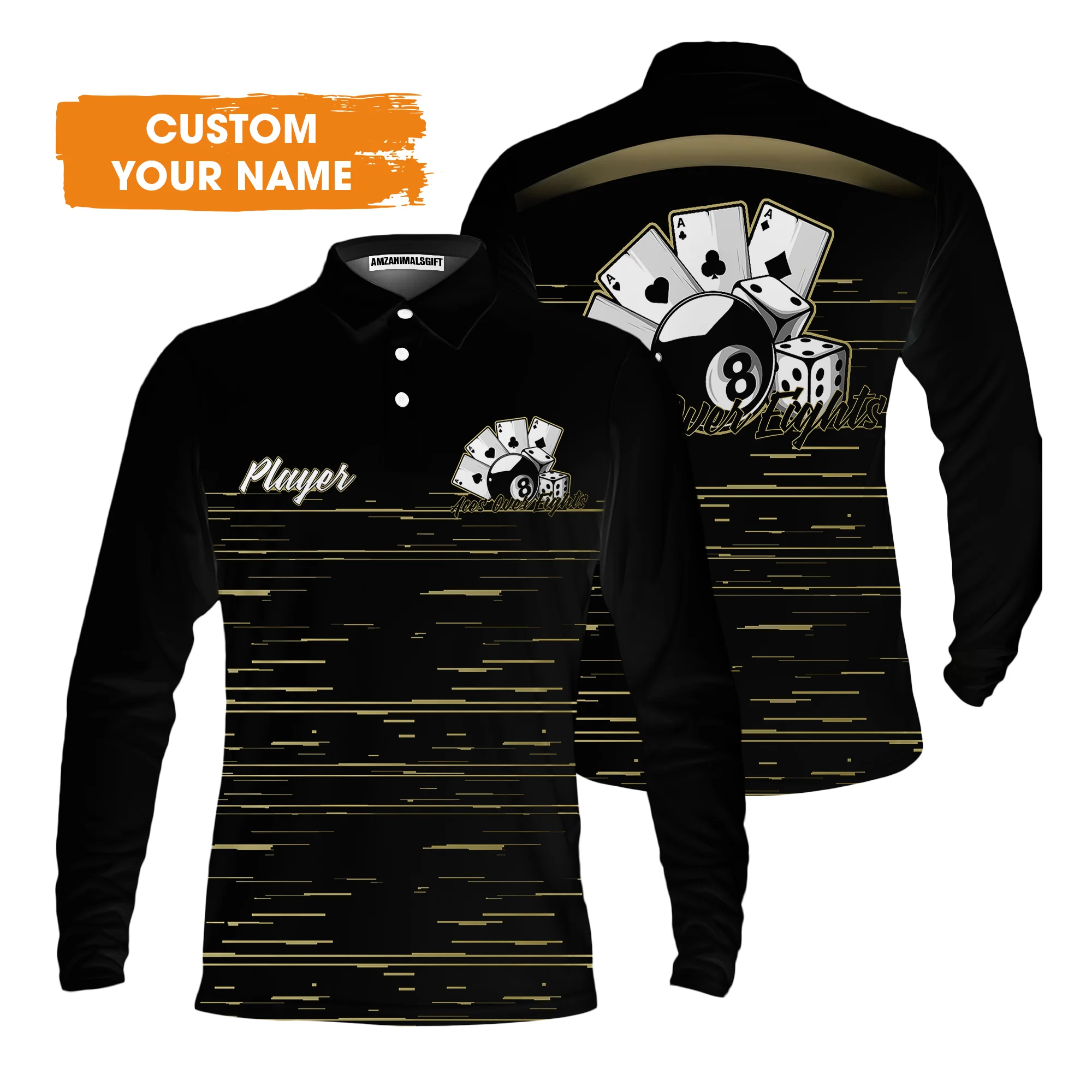 Aces Over Eights 8 Ball Pool Billiards Custom Name Men Polo Shirts, Personalized 8 Ball Pool Shirt, Gift For Billiards Player - Image 4
