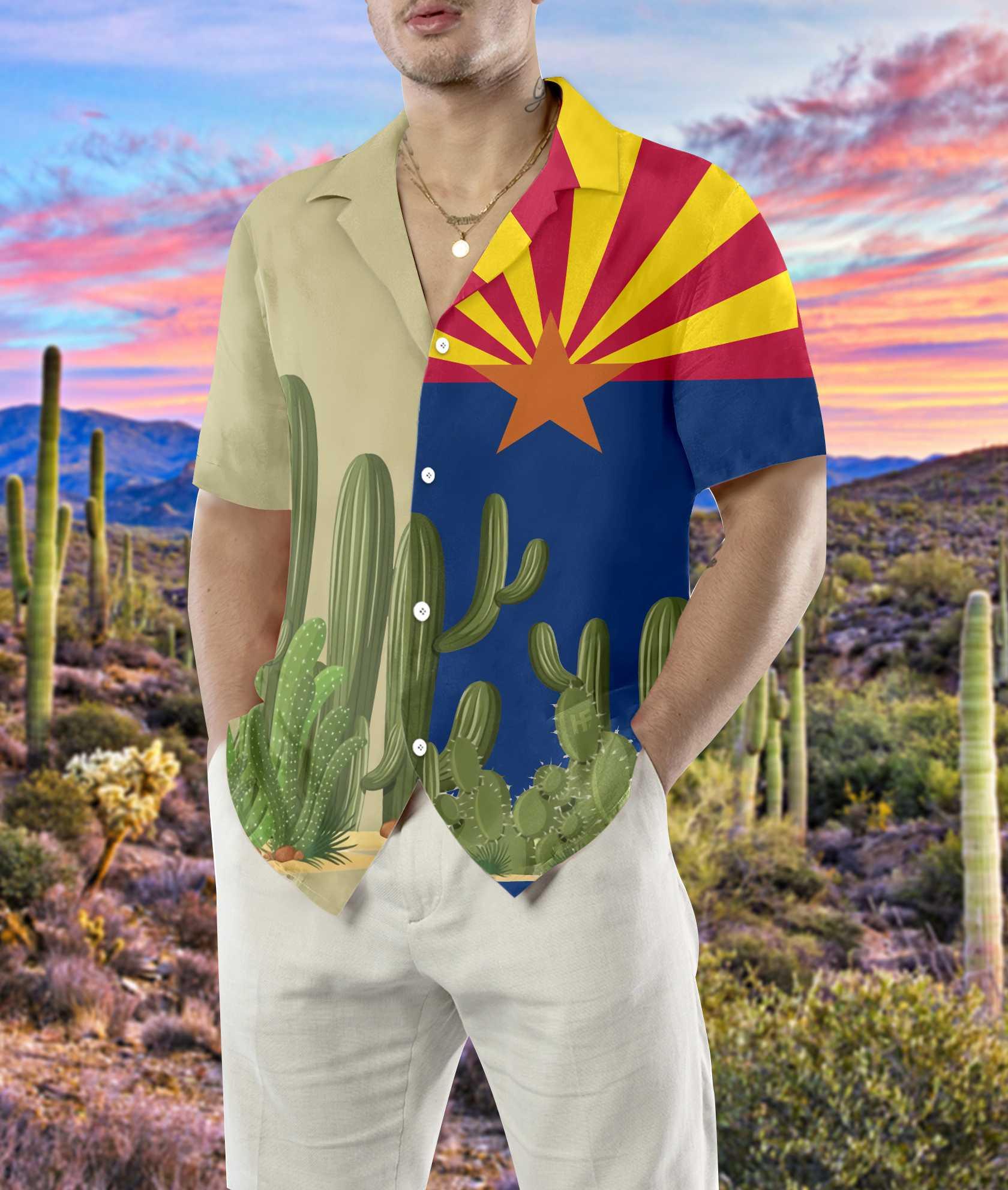 Arizona Flag Saguaro Hawaiian Shirt, Colorful Summer Aloha Shirts For Men Women, Perfect Gift For Husband, Wife, Boyfriend, Girlfriend - Image 4