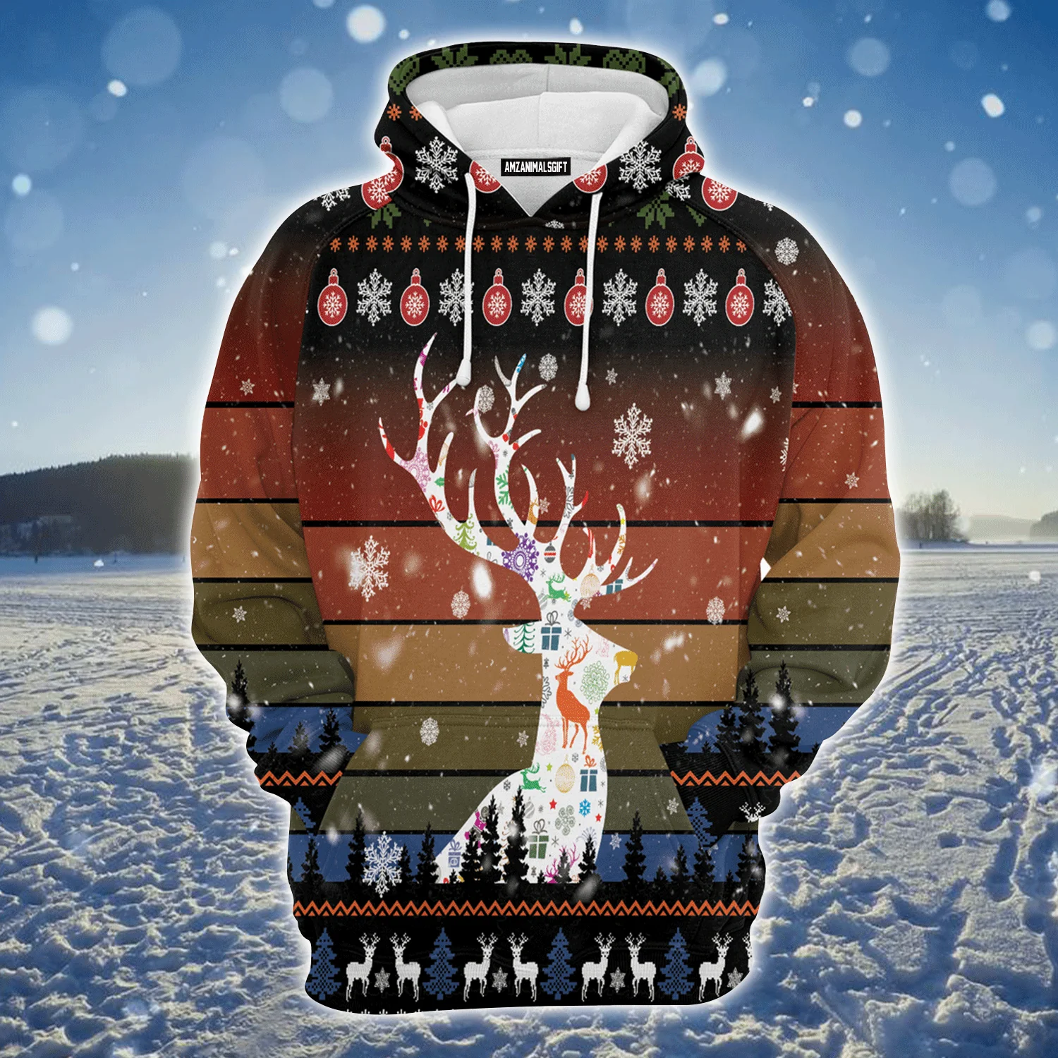 Awesome Deer Premium Christmas Hoodie, Vintage Background Awesome Deer Christmas Unisex Hoodie For Men & Women - Perfect Gift For Christmas, Family