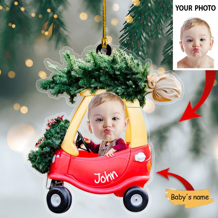 Baby Driving Car Ornament Christmas Pine Tree, Custom Baby Photo Shape Acrylic Ornament - Image 3
