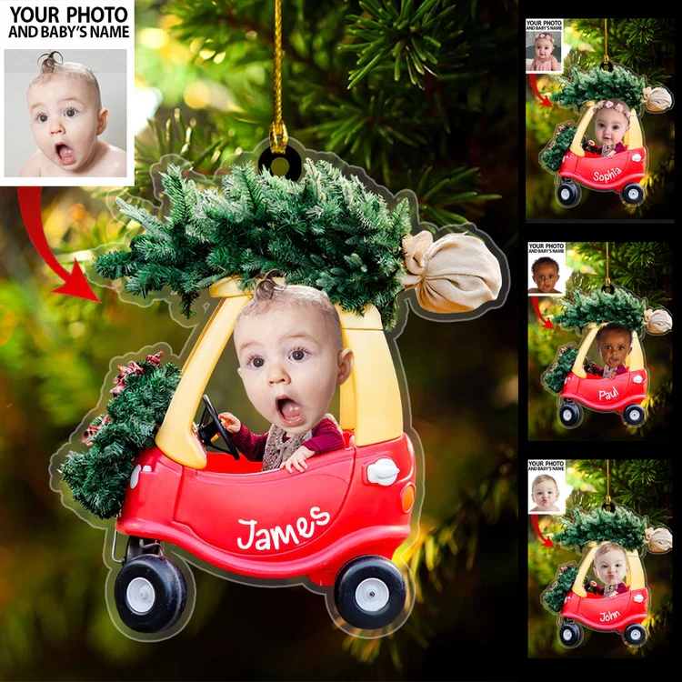 Baby Driving Car Ornament Christmas Pine Tree, Custom Baby Photo Shape Acrylic Ornament - Image 4