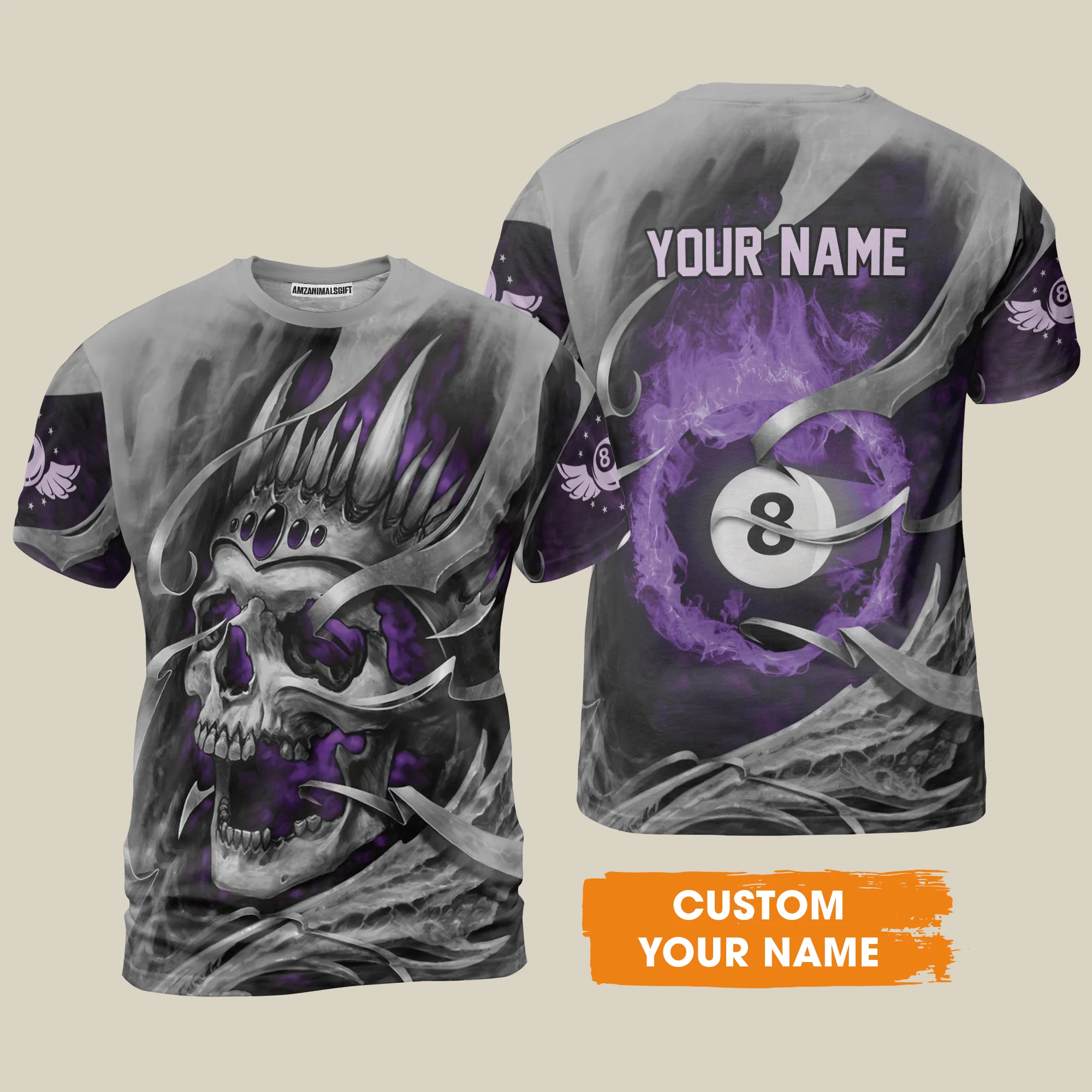 Ball Billiards Custom Name T-Shirt, Personalized Billiards Skull Flaming Purple T-Shirt - Best Gift For Billiards Lovers - Image 2