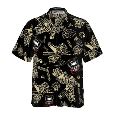 Barber Hawaiian Shirt, Barber Shop Skull Aloha Shirt For Men - Gift For Barber, Husband, Boyfriend, Family, Friends - Image 2