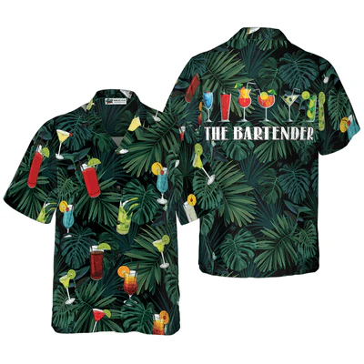 Bartender Hawaiian Shirt, Tropical Leaves Colorful Cocktails Aloha Shirt For Men - Gift For Bartender, Husband, Boyfriend, Family, Friends