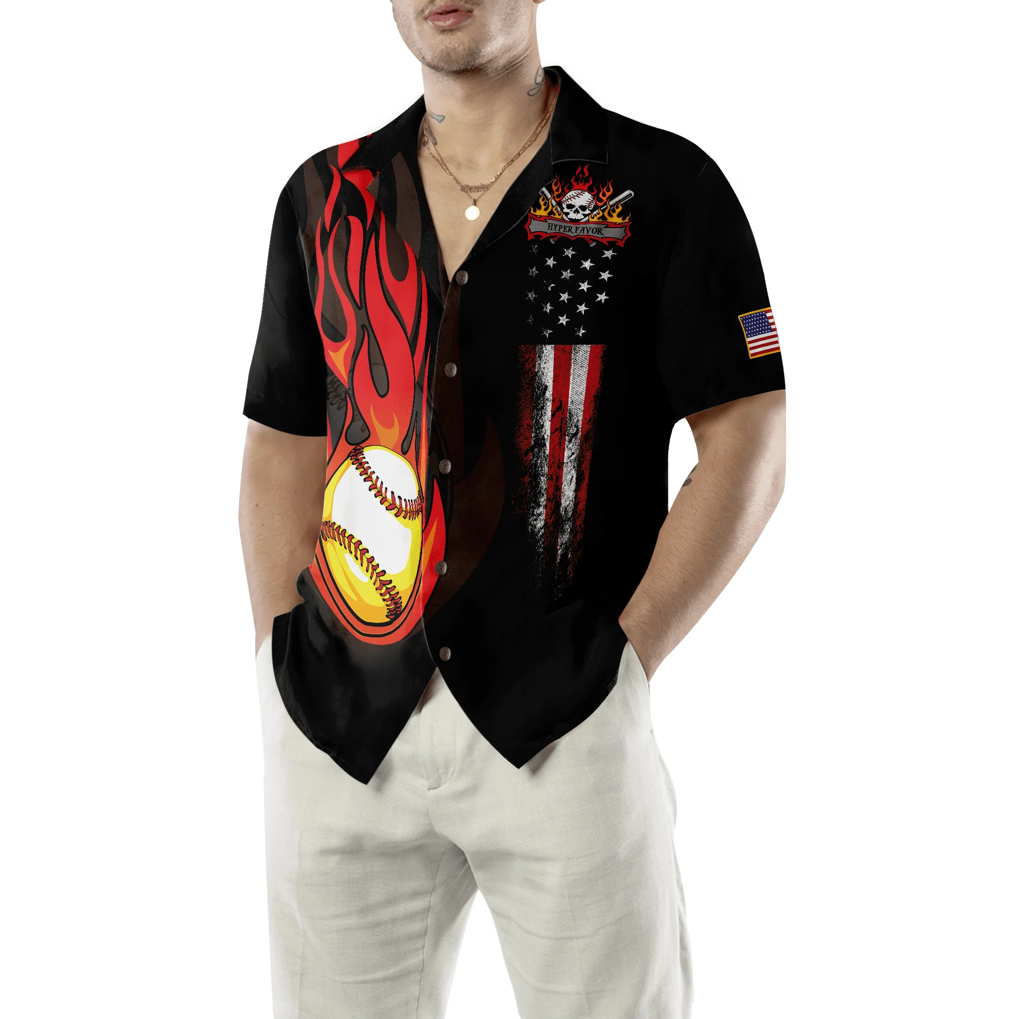 Baseball Flame American Flag Aloha Hawaiian Shirt For Summer, Colorful Hawaiian Shirt Outfit For Men Women, Friend, Team, Baseball Lovers - Image 5