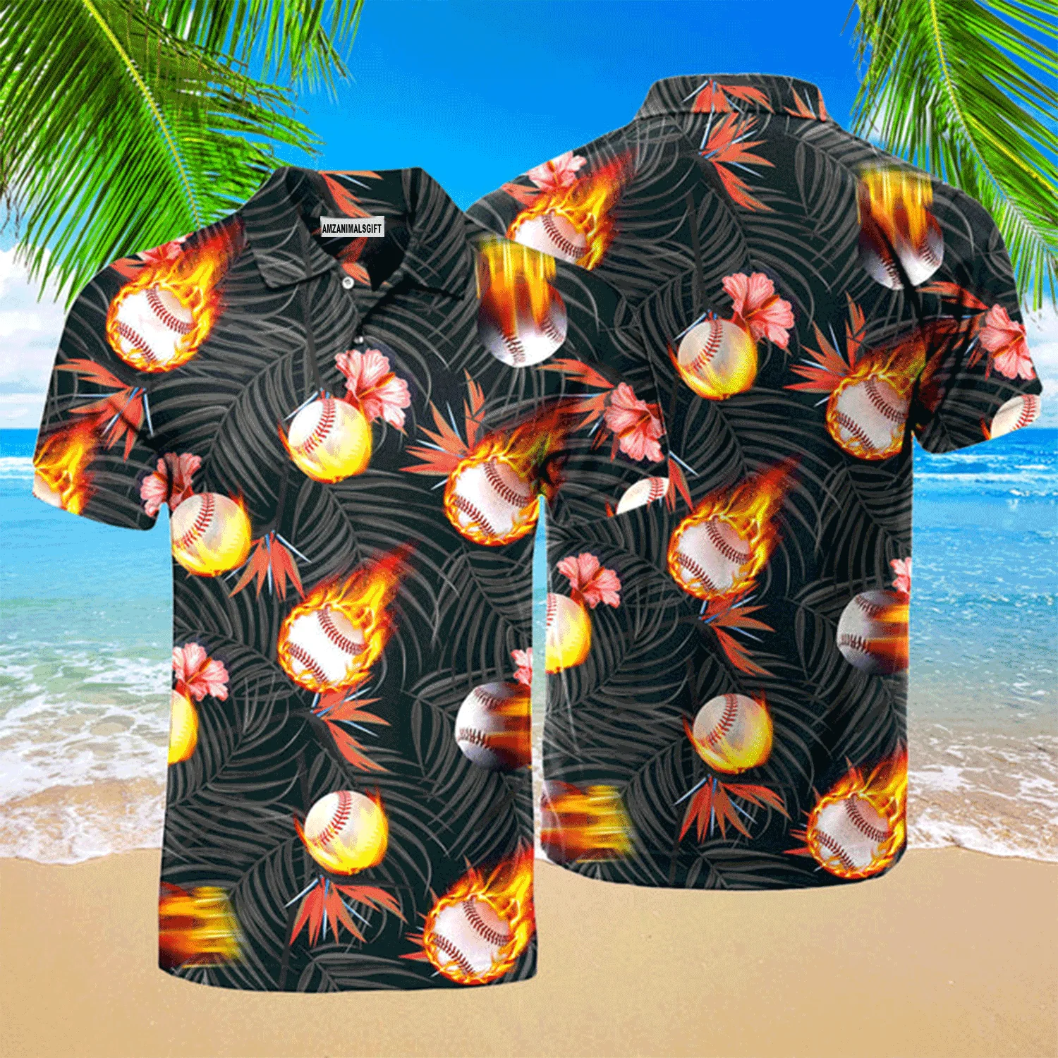 Baseball Men Polo Shirt, Baseball Fire Tropical Polo Shirt For Men, Perfect Polo Shirt For Baseball Lovers