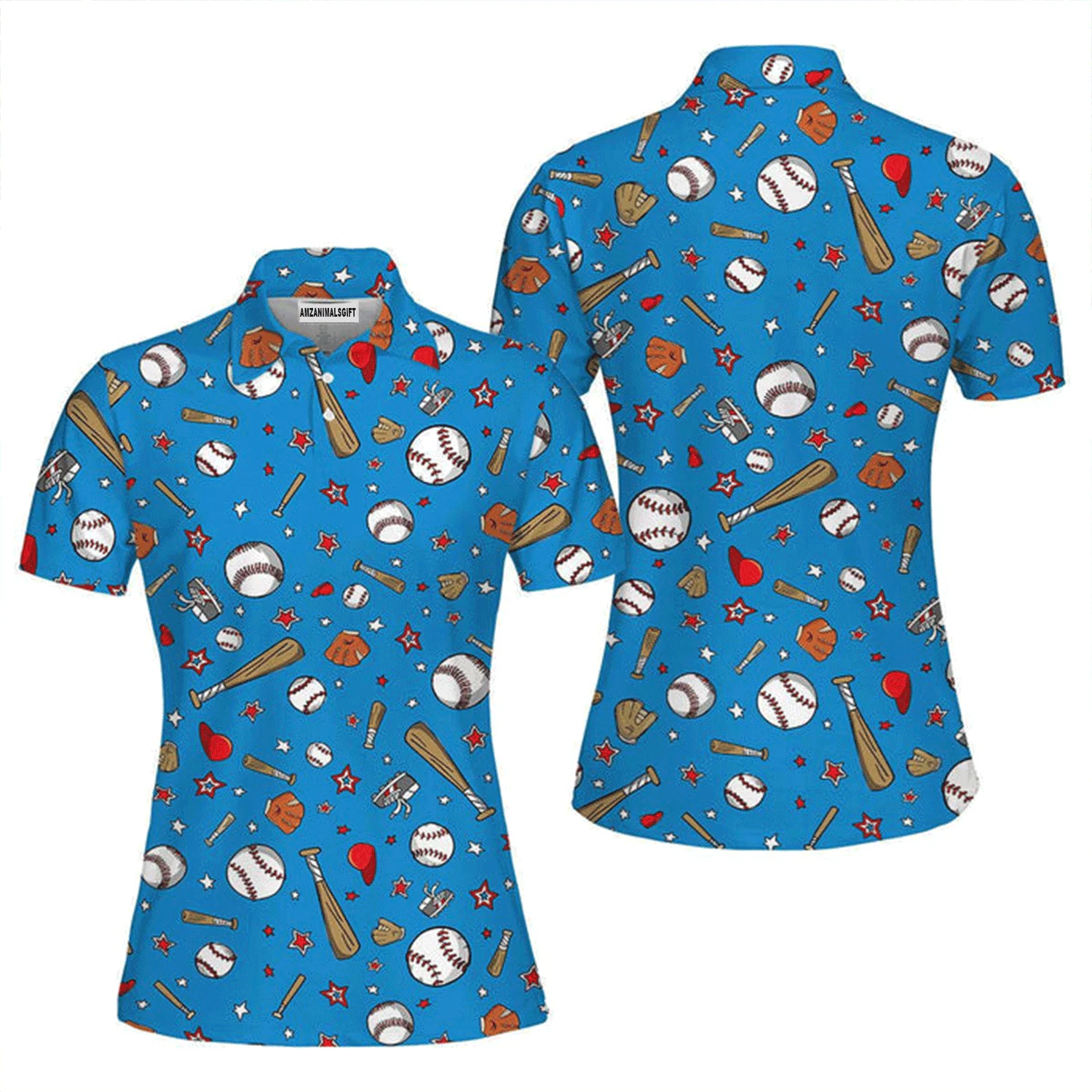 Baseball Women Polo Shirt, Blue Baseball Sports Pattern Polo Shirt For Women, Perfect Polo Shirt For Baseball Lovers - Image 2