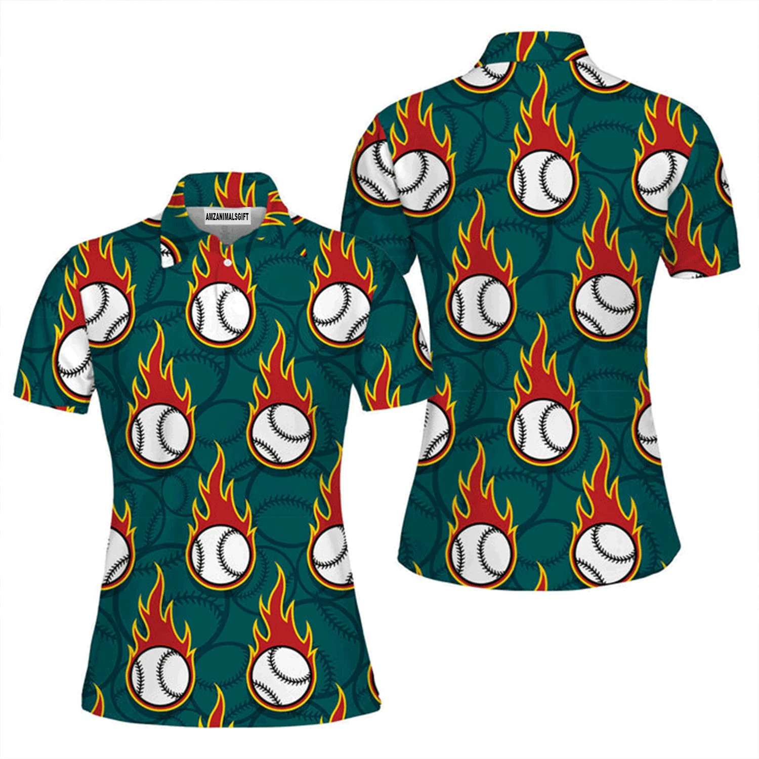 Baseball Women Polo Shirt, Flaming Baseball Ball Polo Shirt For Women, Perfect Polo Shirt For Baseball Lovers - Image 2