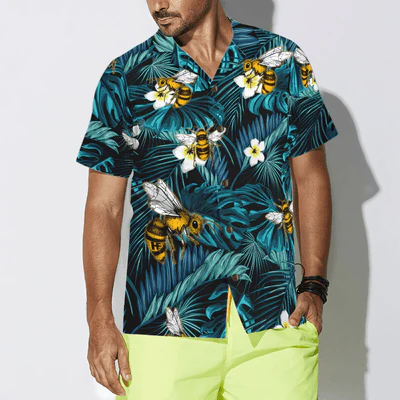 Bees Hawaiian Shirt, Tropical Summer Blue Leaves Aloha Shirt For Men - Perfect Gift For Bee Lovers, Husband, Boyfriend, Friend, Family - Image 4