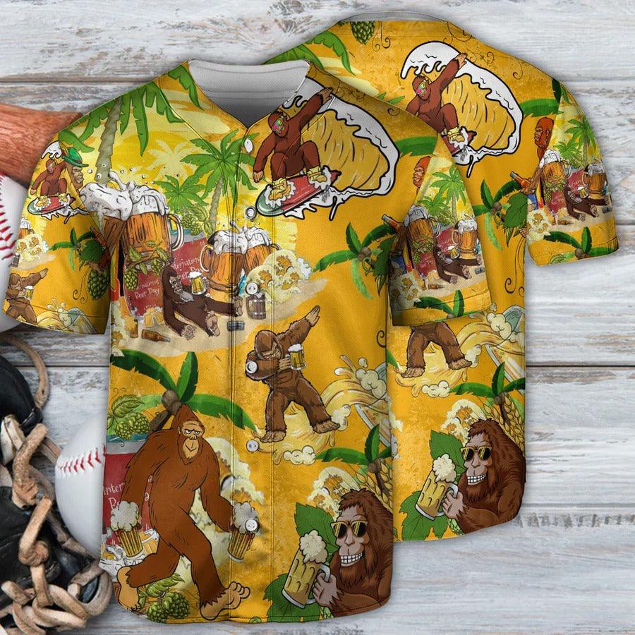 Bigfoot Baseball Jersey, Tropical Summer, Bigfoot Drinking Beer Baseball Jersey For Men And Women - Perfect Gift For Bigfoot Lovers, Summer