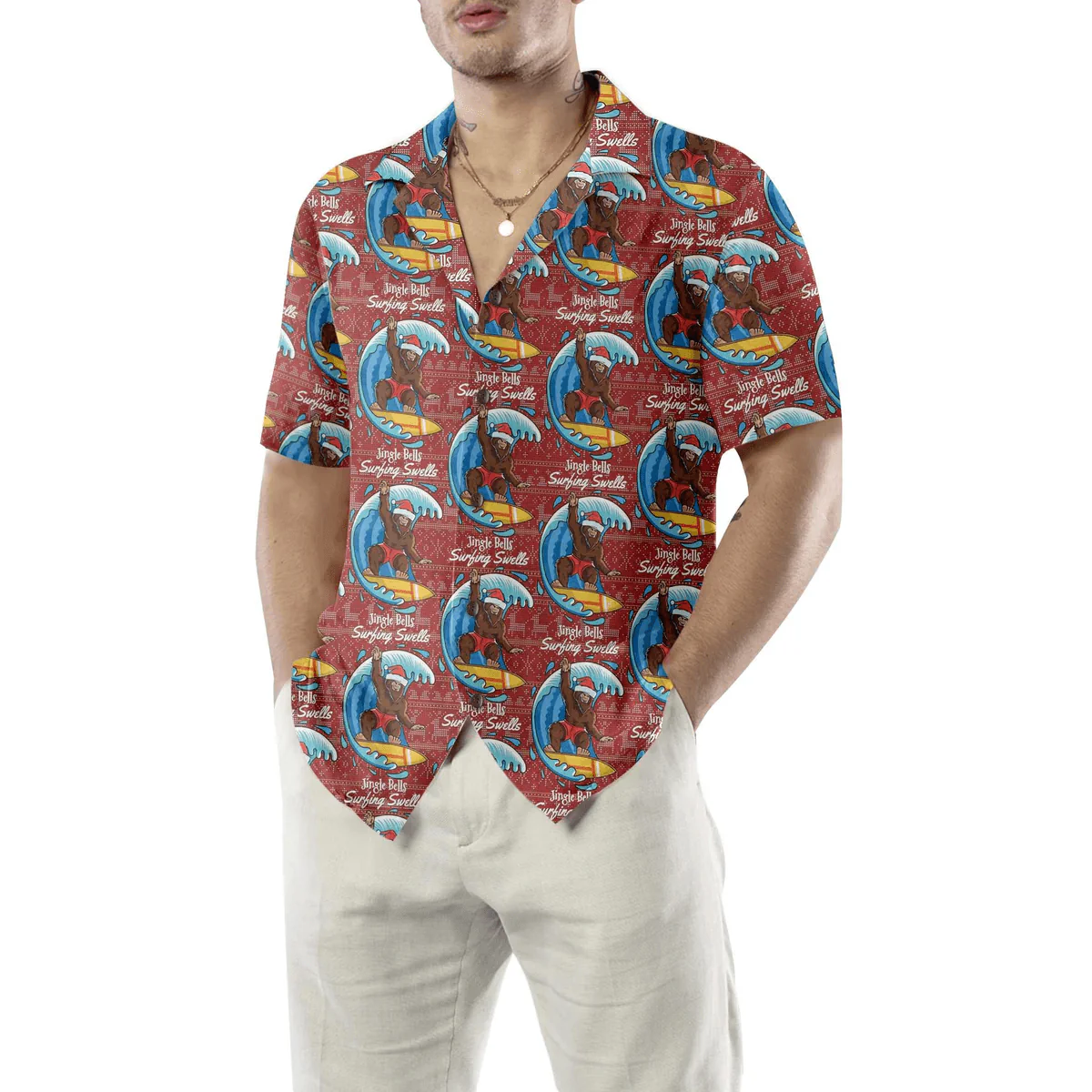 Bigfoot Hawaiian Shirt - Bigfoot Surfing Christmas Hawaiian Shirt, Best Xmas Gift Hawaiian Shirt - Perfect Gift For Husband, Boyfriend, Friend, Family - Image 4
