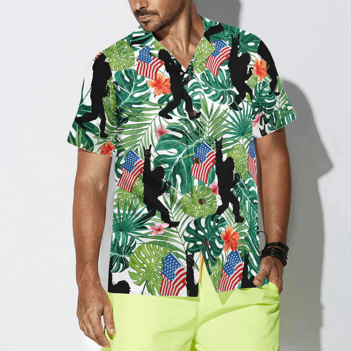 Bigfoot Hawaiian Shirt, Bigfoot Tropical Hold USA Flag Bigfoot Hawaiian Shirt For Men Hawaiian Shirt - Perfect Gift For Husband, Boyfriend, Friend, Family - Image 4