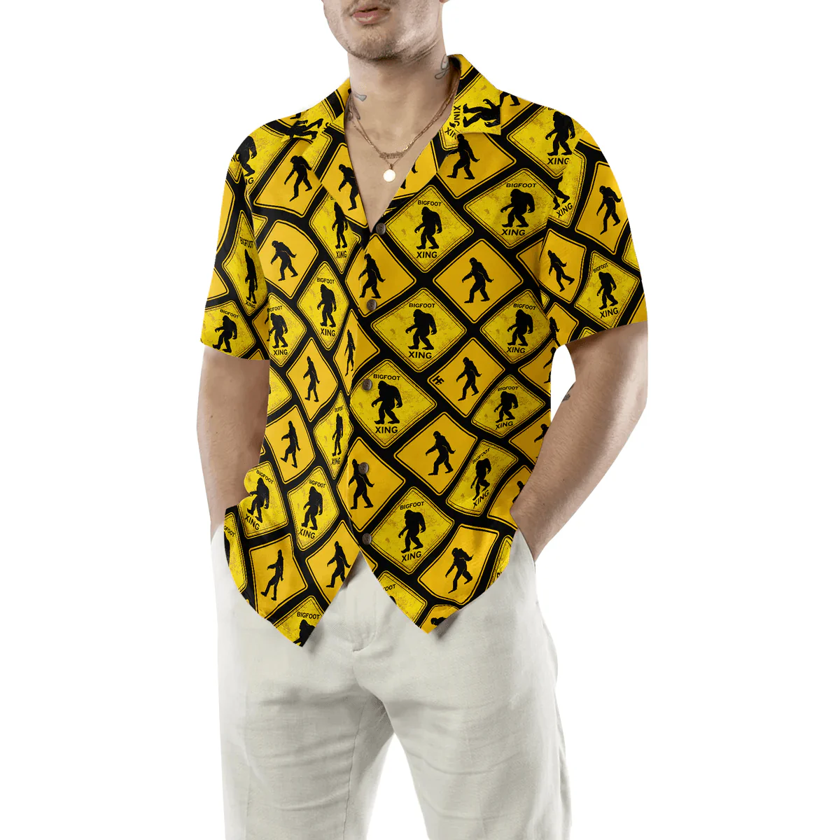 Bigfoot Hawaiian Shirt - Bigfoot Yellow Square Bigfoot Hawaiian Shirt, Diamond Pattern Caution Signs Hawaiian Shirt - Perfect Gift For Husband, Boyfriend, Friend, Family - Image 5
