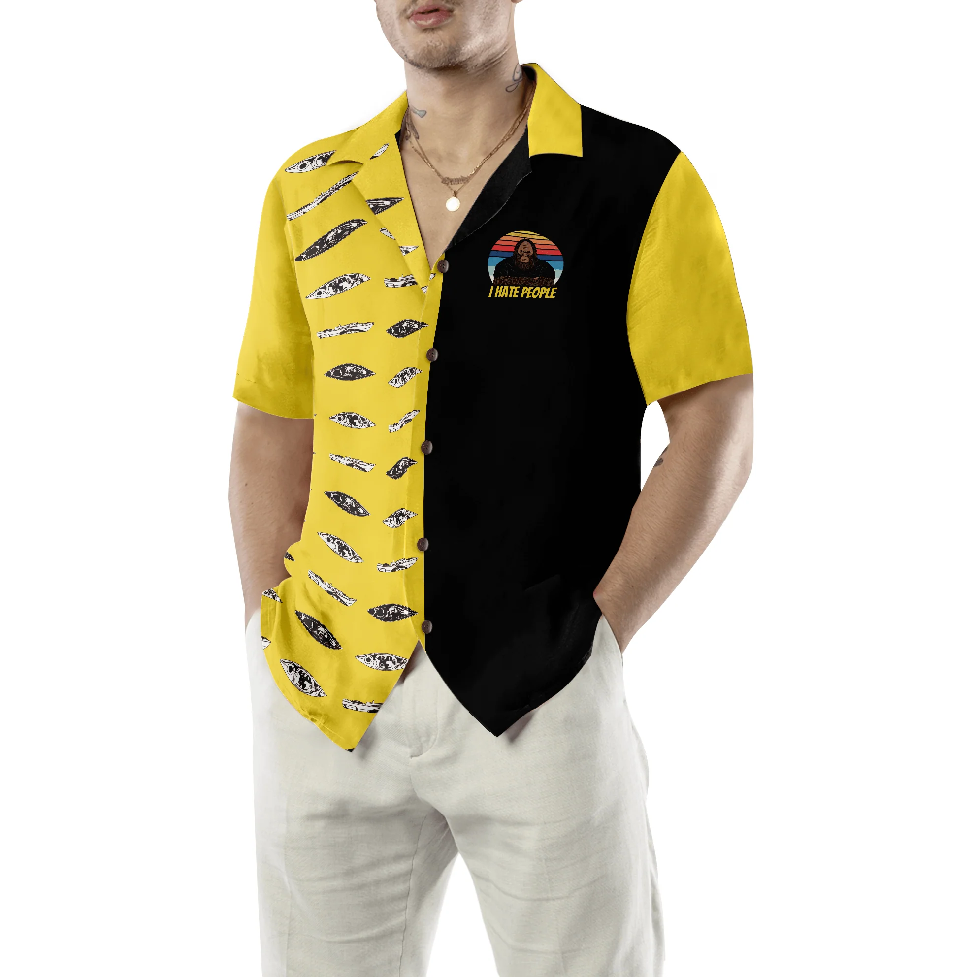 Bigfoot Hawaiian Shirt, Dawn Palette Black And Yellow Kayaking, Love Kayak & Hate People, Summer Aloha Shirt For Men Women, Gift For Friend, Team - Image 5