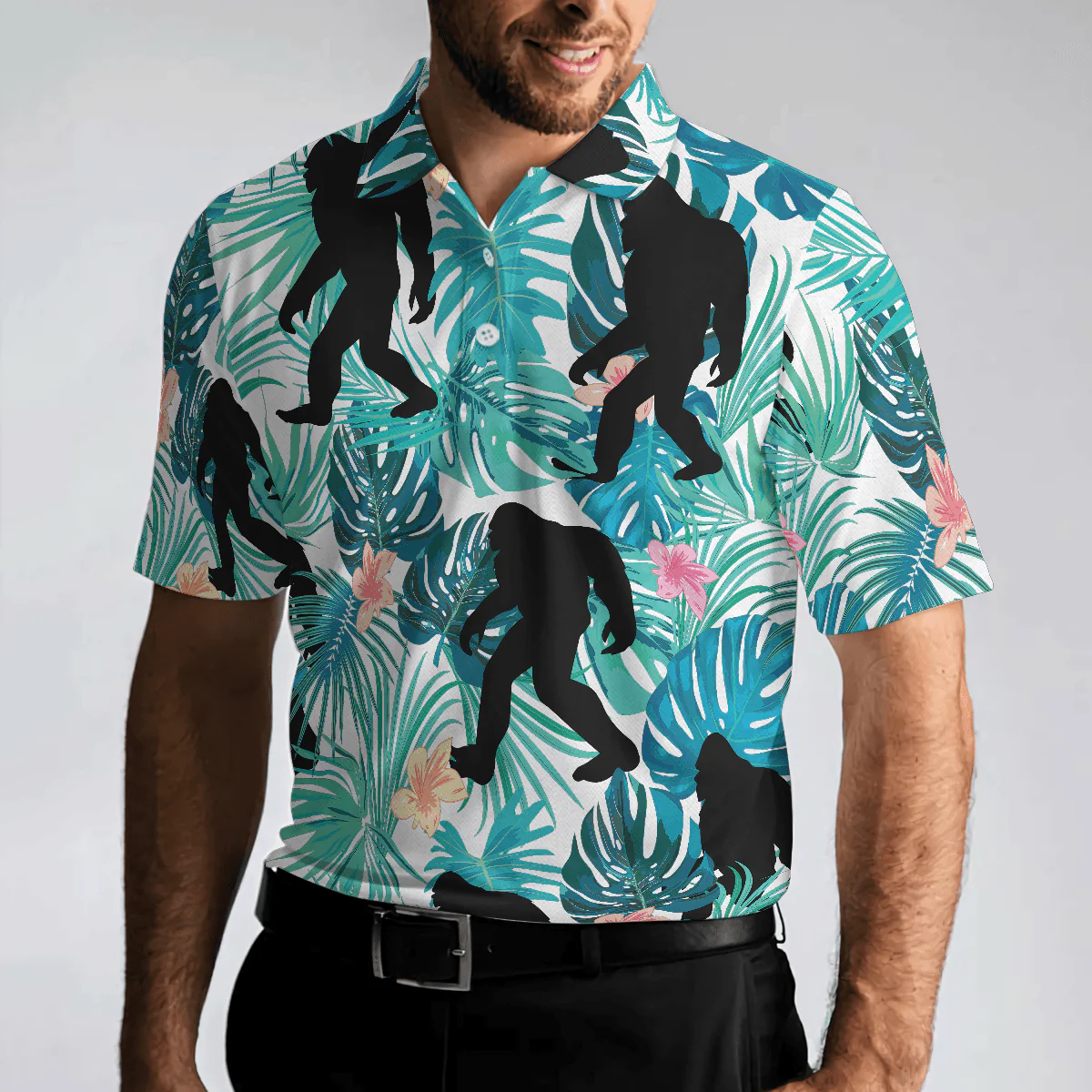 Bigfoot Men Polo Shirt, Tropical Floral And Leaves Polo Shirt, Best Bigfoot Shirt - Perfect Gift For Men, Family, Friends - Image 6