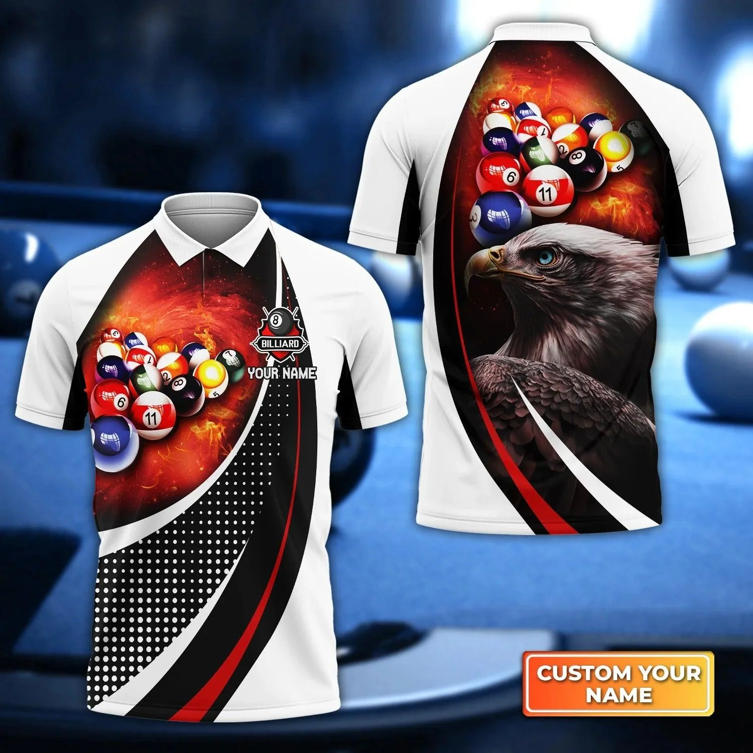 Billiard Custom Name Men Polo Shirt, Personalized American Eagle Team 8 Ball Pool Billiards Polo Shirts, Gift For Billiard Lovers, Billiard Players