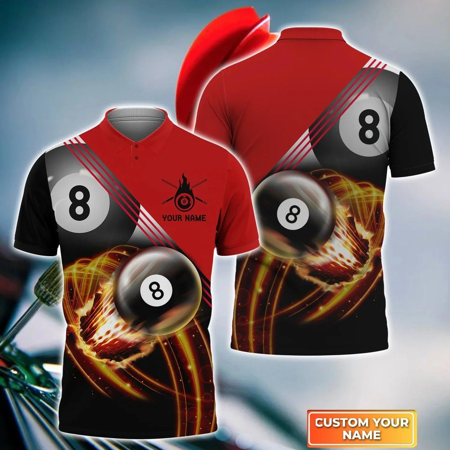 Billiard Custom Name Men Polo Shirt, Personalized Fire 8 Ball Pool Billiards Polo Shirts - Gift For Men, Billiards Lovers, Billiards Players