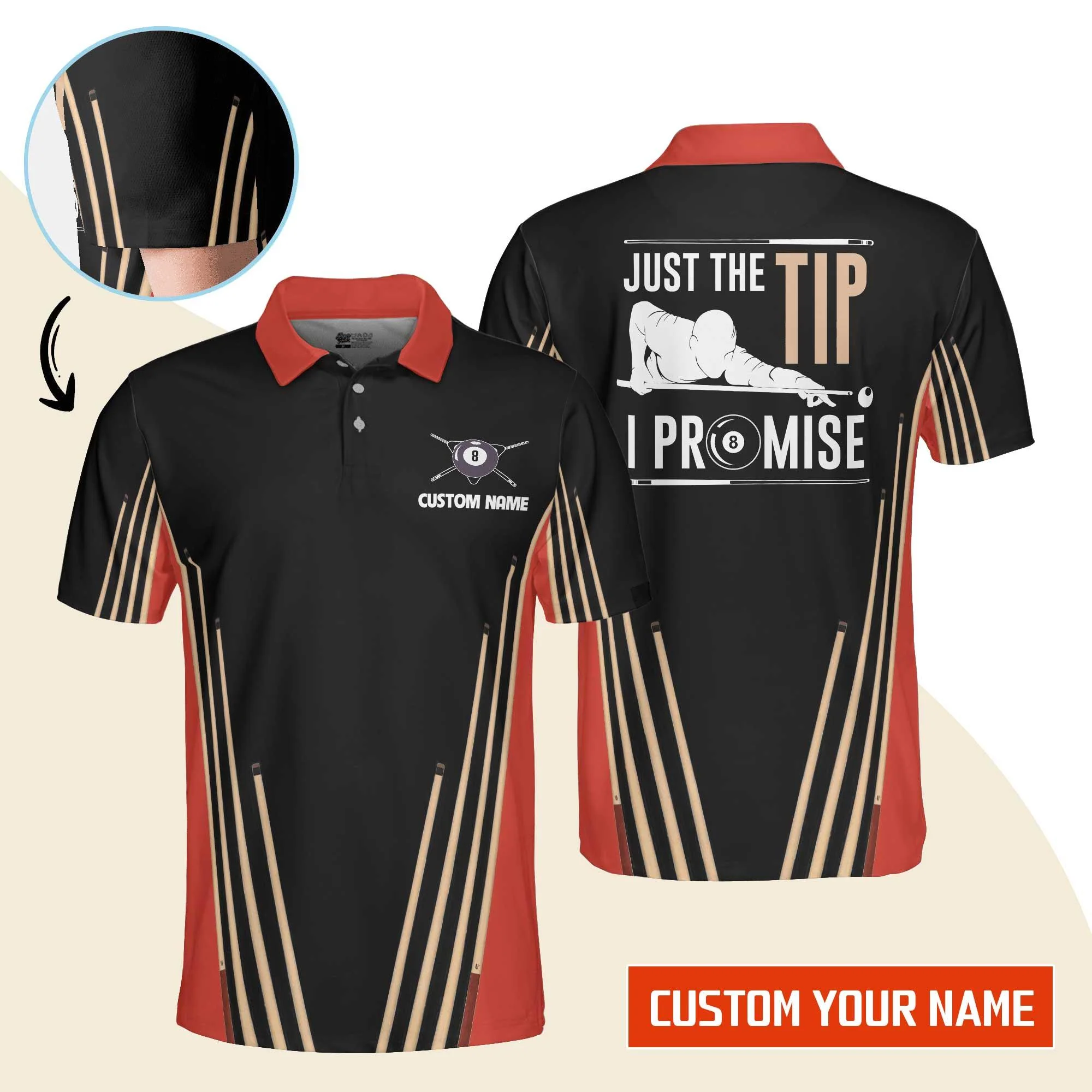 Billiard Men Polo Shirt Custom Name - Just The Tip I Promise Billiard Pool 8 Ball Personalized Polo Shirt - Gift For Billiard Players, Billiard Lovers