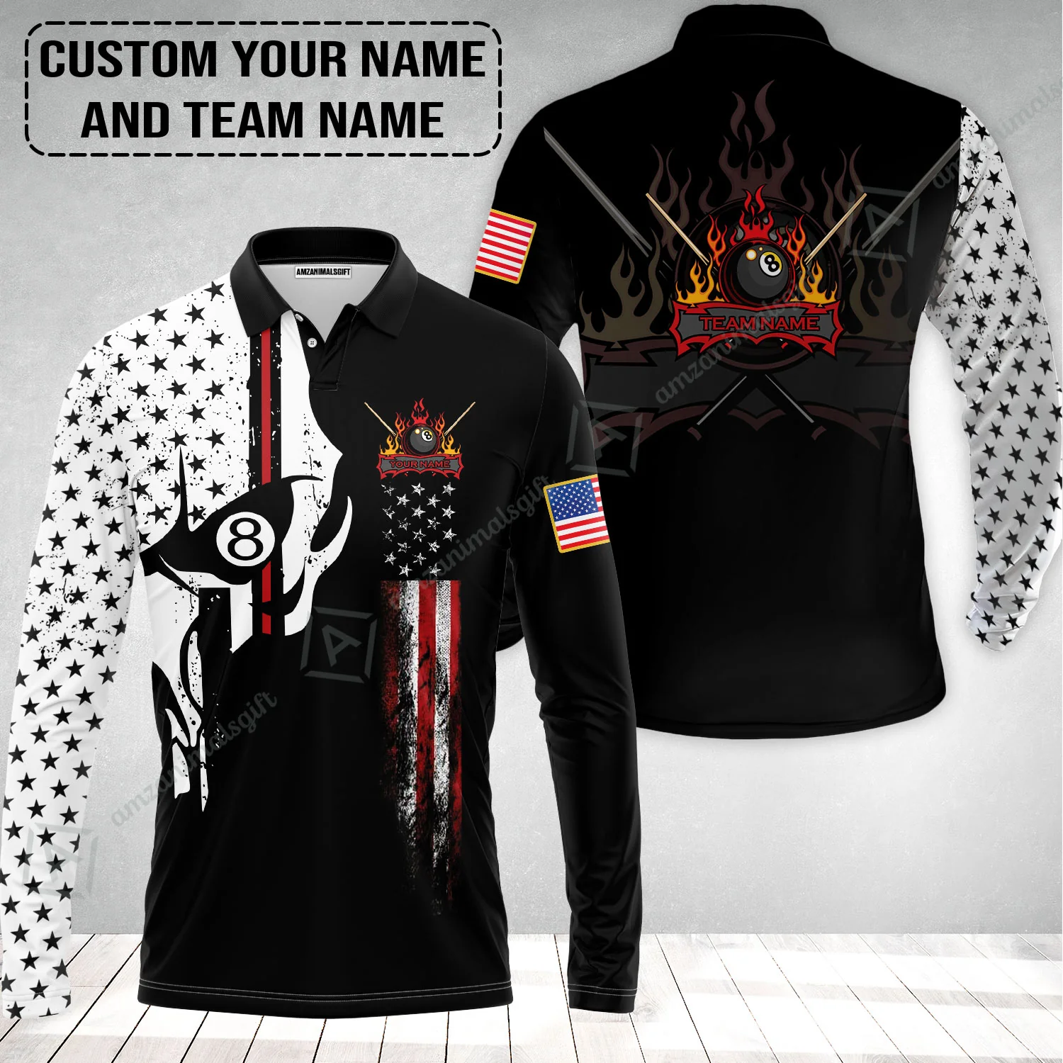 Billiards Custom Long Polo Shirt 8-ball Skull Billiards Pool Custom Long Polo Shirt, Personalized American Flag Billiards Long Polo Shirt - Image 2