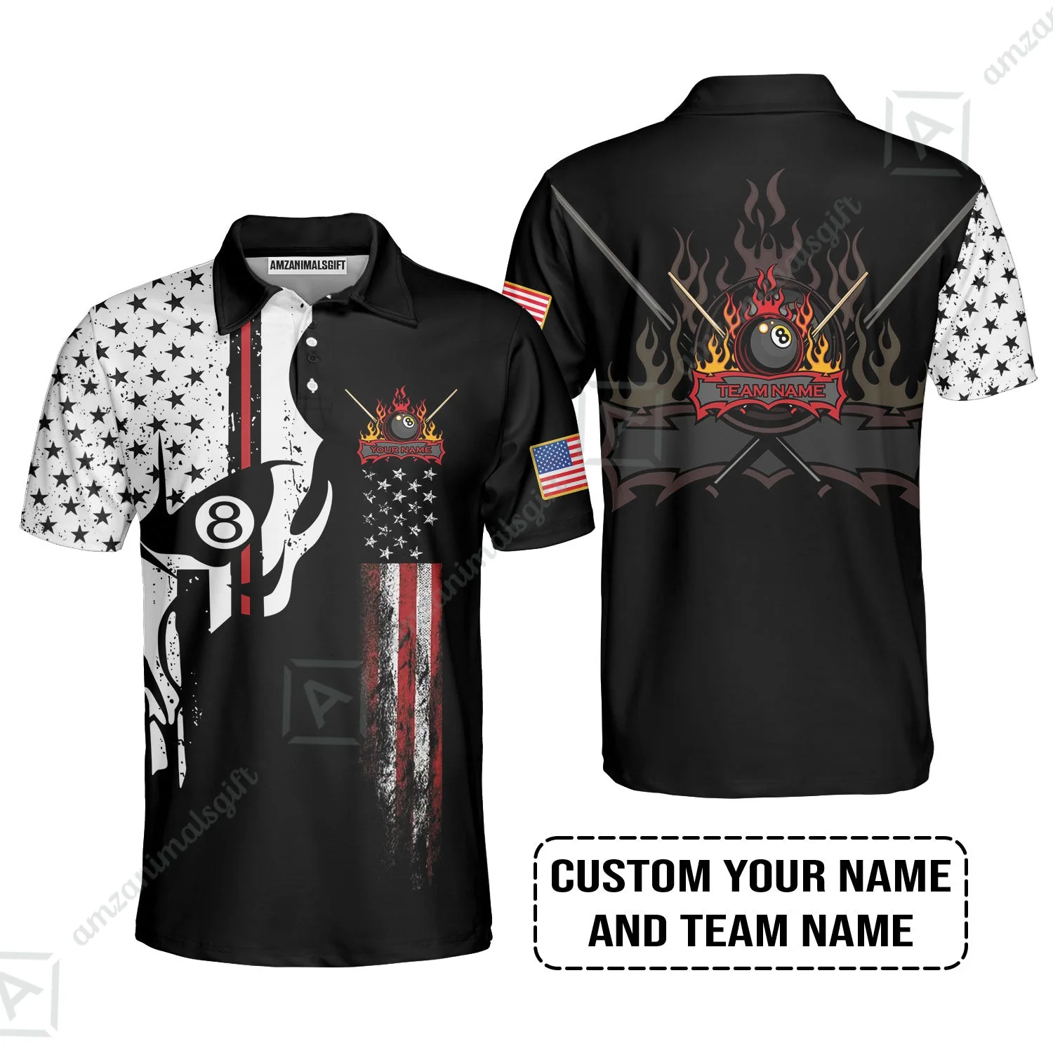 Billiards Custom Long Polo Shirt 8-ball Skull Billiards Pool Custom Long Polo Shirt, Personalized American Flag Billiards Long Polo Shirt - Image 3