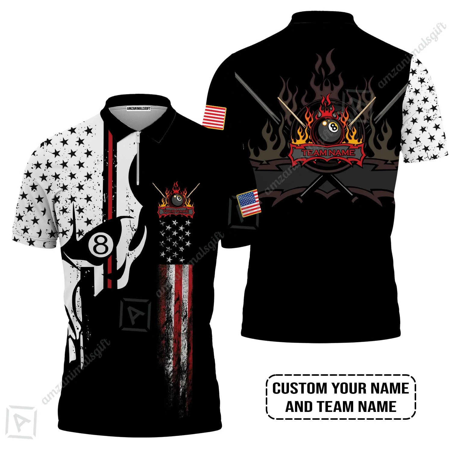 Billiards Custom Long Polo Shirt 8-ball Skull Billiards Pool Custom Long Polo Shirt, Personalized American Flag Billiards Long Polo Shirt - Image 4