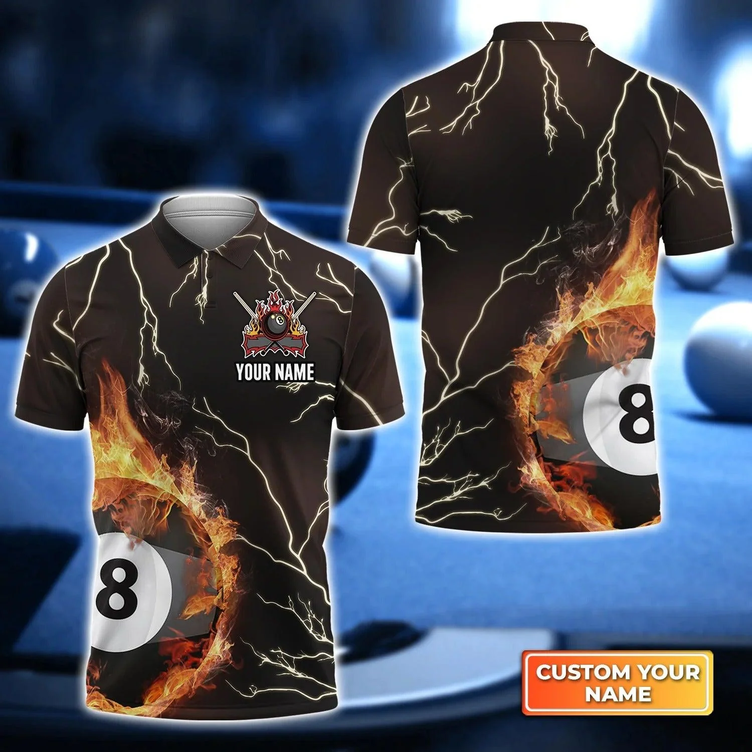 Billiards Customized Name Men Polo Shirt, Personalized Thunder Fire Flame 8 Ball Pool Billiards Polo Shirts, Gift For Billiard Lover, Billiard Players