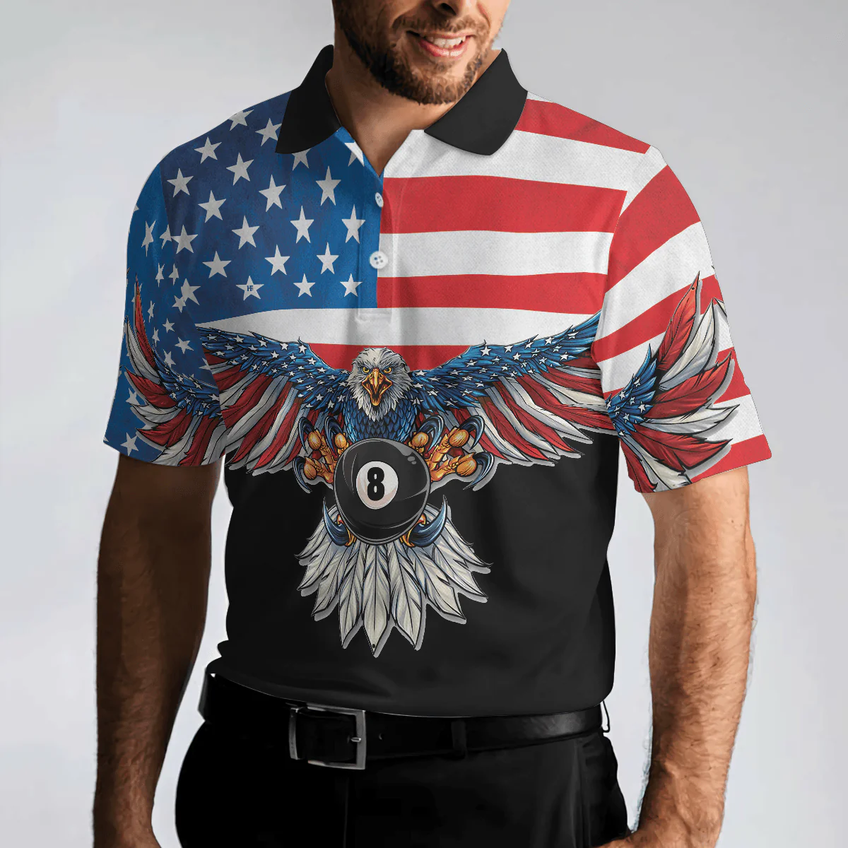 Billiards Men Polo Shirt, American Eagle Pool Mascot, Cool American Flag Billiards Shirt For Men, Best Billiards Gift Idea, Gift For Billiards Lovers - Image 3