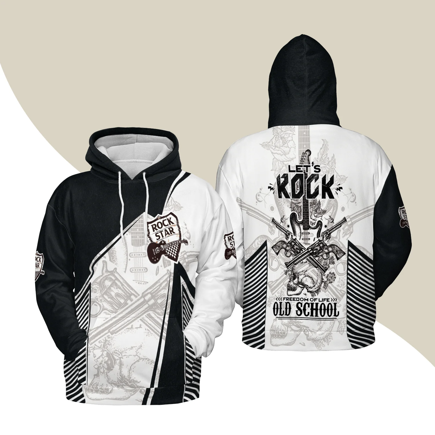 Black And White Guitar Hoodie, Let's Rock Freedom Of Life Old School Guitar Hoodie - Image 2