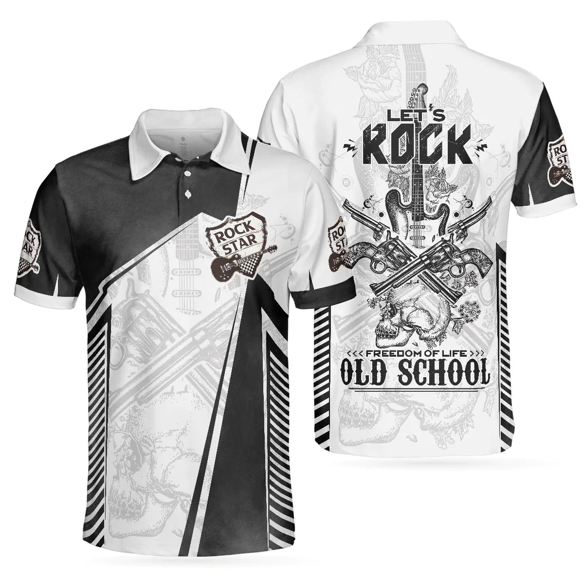 Black And White Guitar Hoodie, Let's Rock Freedom Of Life Old School Guitar Hoodie - Image 3