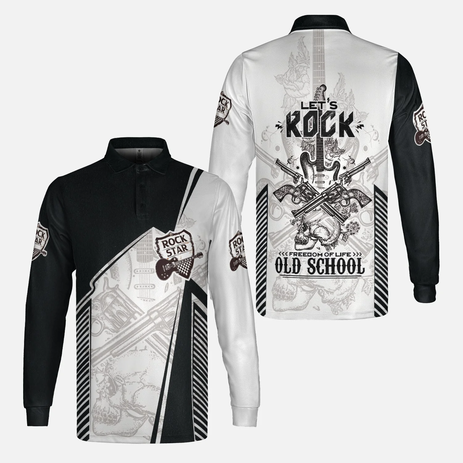 Black And White Guitar Hoodie, Let's Rock Freedom Of Life Old School Guitar Hoodie - Image 4