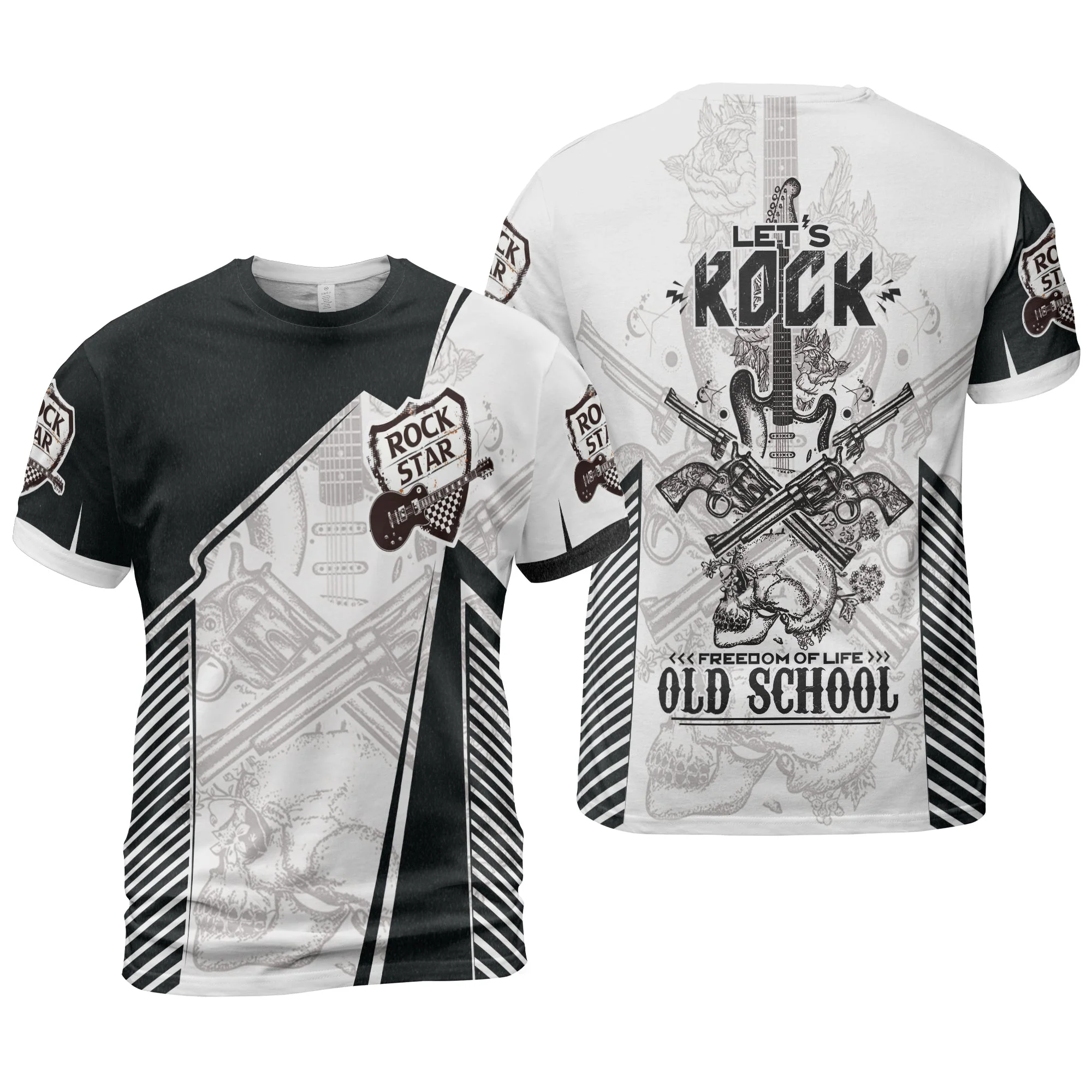 Black And White Guitar Hoodie, Let's Rock Freedom Of Life Old School Guitar Hoodie - Image 5