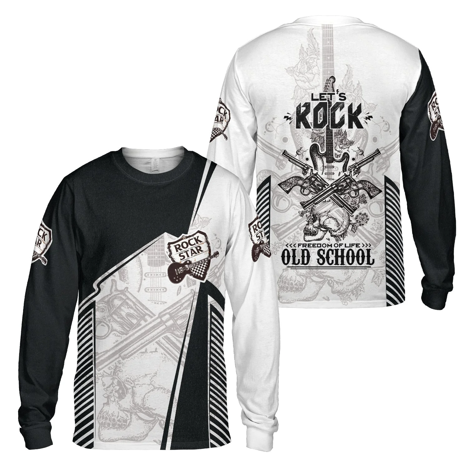 Black And White Guitar Hoodie, Let's Rock Freedom Of Life Old School Guitar Hoodie - Image 6