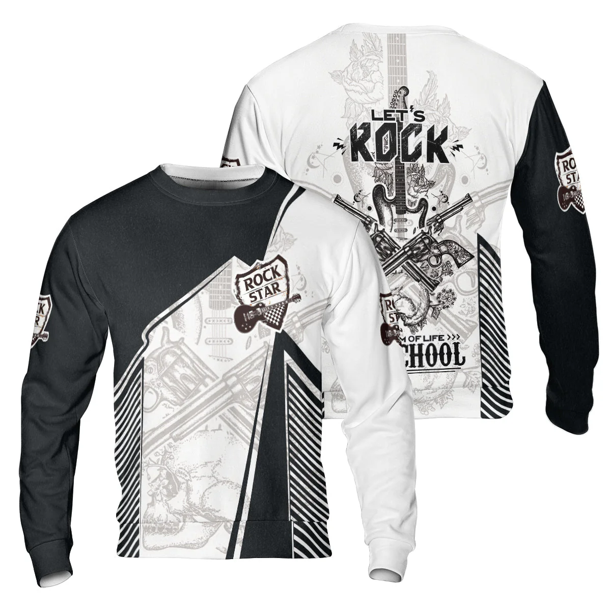 Black And White Guitar Hoodie, Let's Rock Freedom Of Life Old School Guitar Hoodie - Image 7