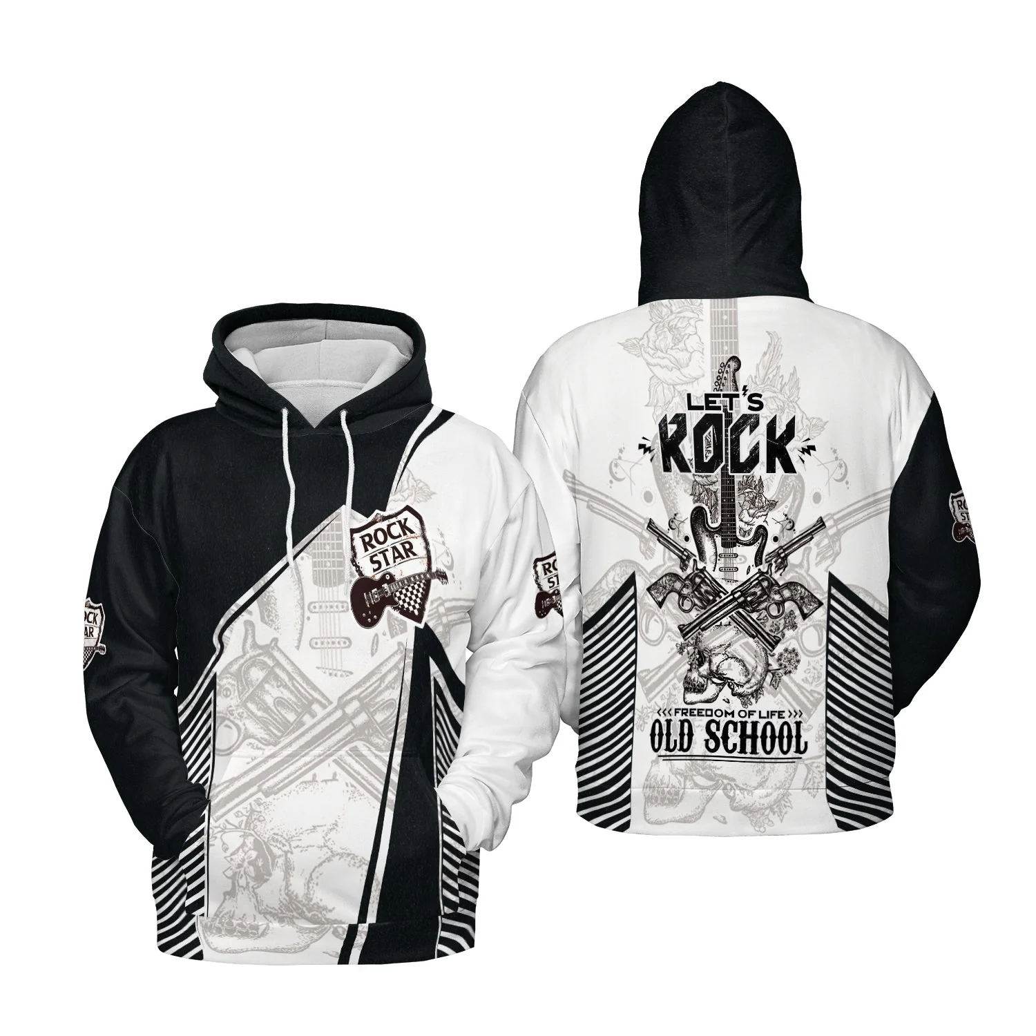 Black And White Guitar Men T-Shirt, Let's Rock Freedom Of Life Old School Guitar T-Shirt - Image 6