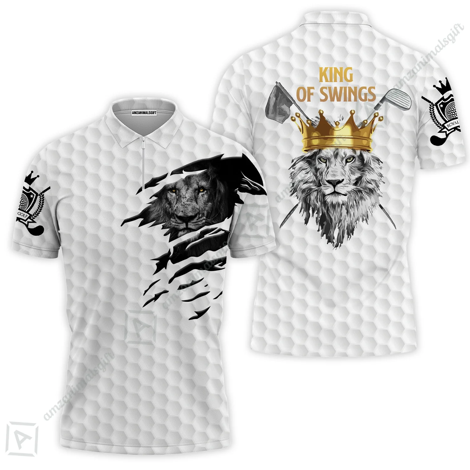 Black And White Lion King Sketching Golf T-Shirt, King Of Swings Lion Golfing T-Shirt - Image 6