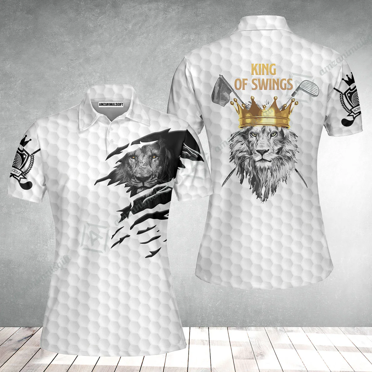 Black And White Lion King Sketching Golf Women Polo Shirt, King Of Swings Lion Golfing Women Polo Shirt - Image 2