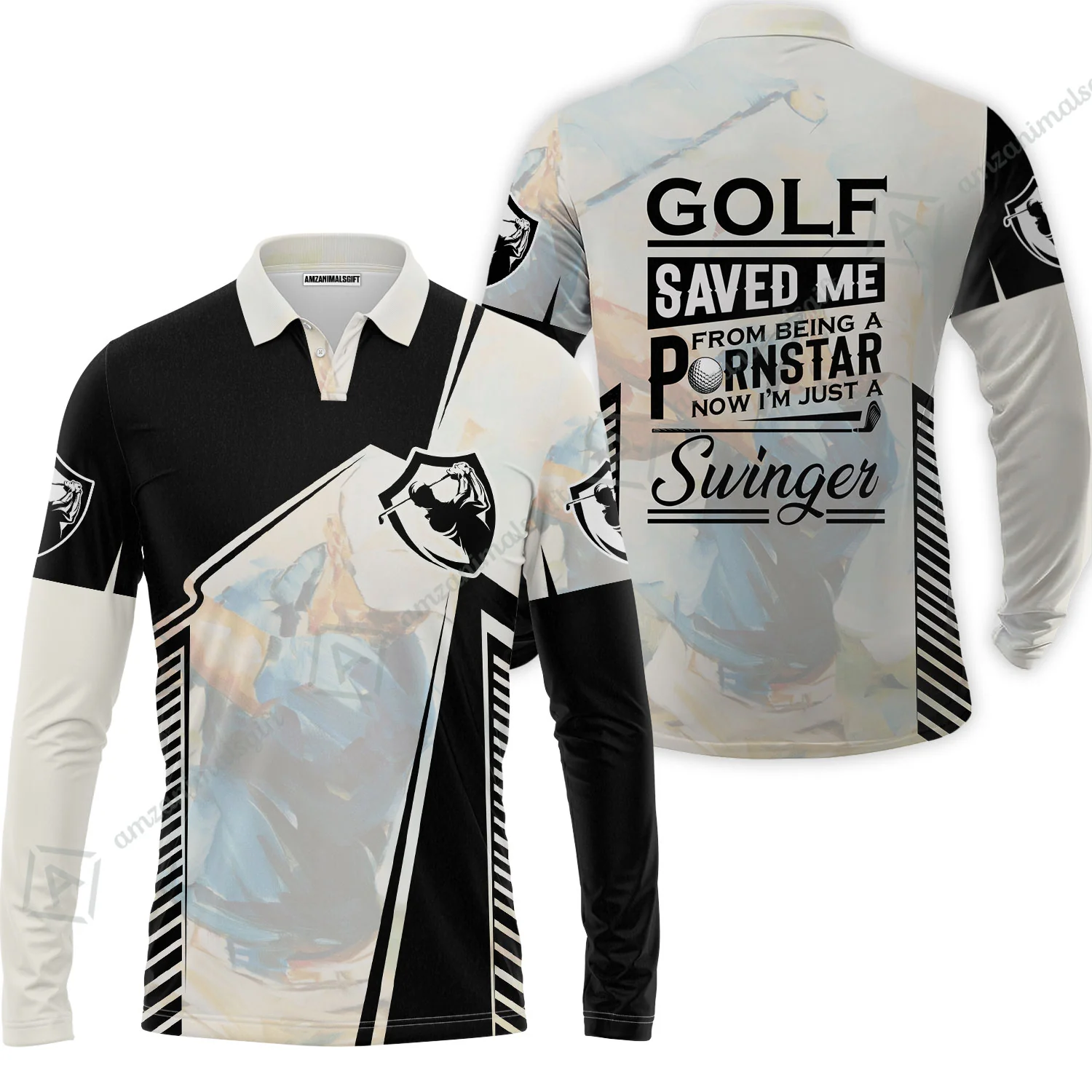 Black And White Men Polo Shirt, Golf Saved Me Golfing Polo Shirt - Image 3