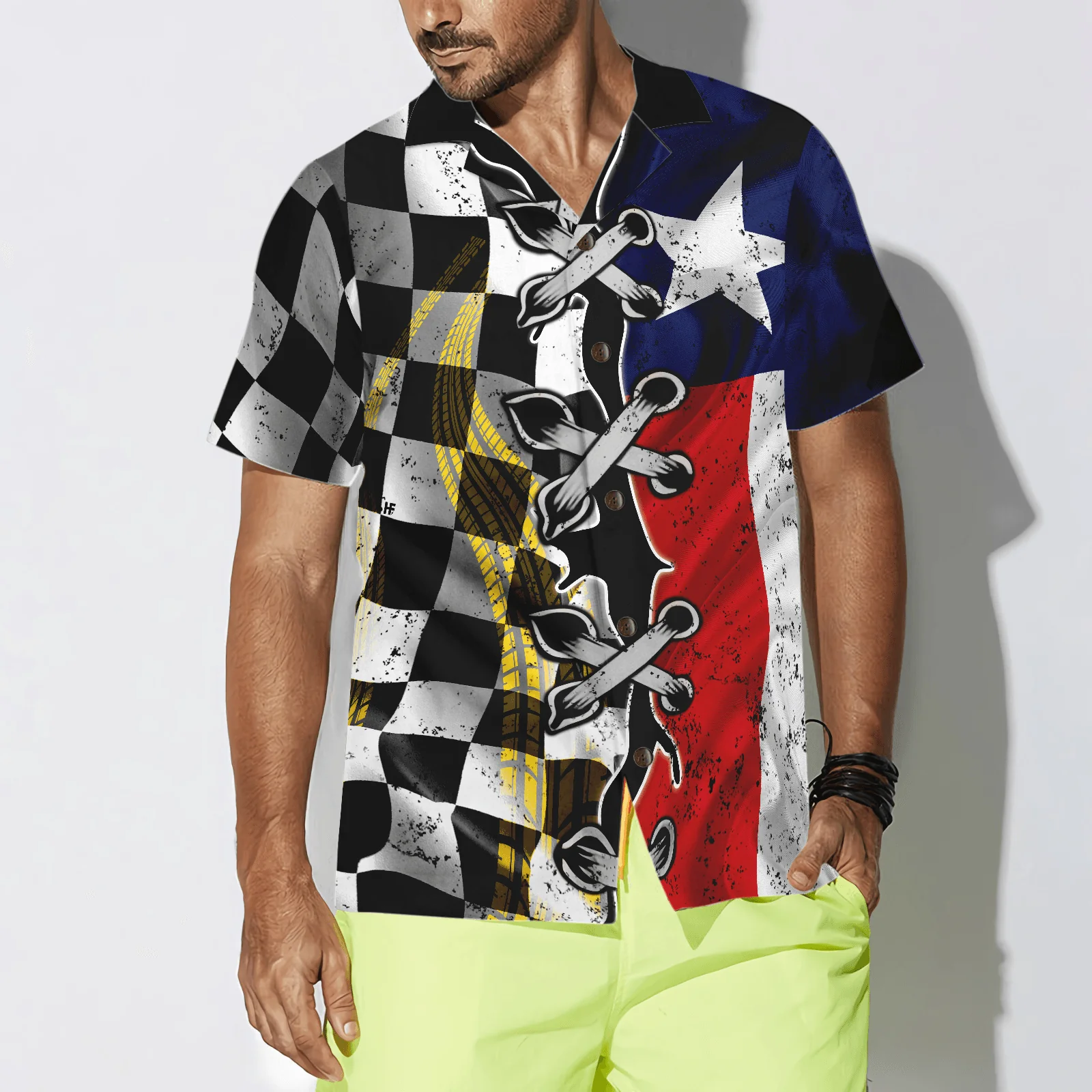 Black And White Texas Racing Flag Aloha Hawaiian Shirt For Summer, Colorful Hawaiian Shirt Outfit For Men Women, Gift For Friend, Team, Racing Lover - Image 4