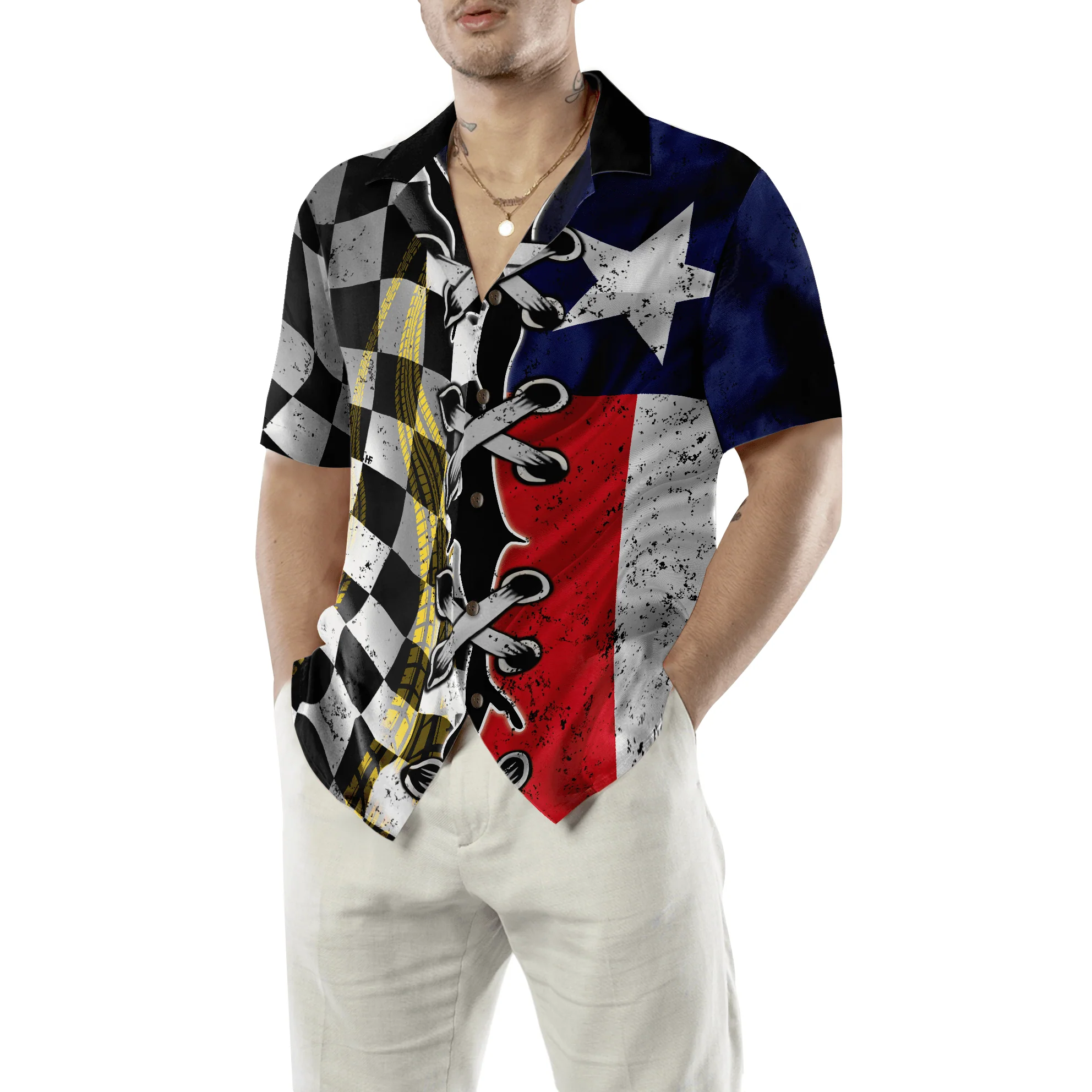 Black And White Texas Racing Flag Aloha Hawaiian Shirt For Summer, Colorful Hawaiian Shirt Outfit For Men Women, Gift For Friend, Team, Racing Lover - Image 5