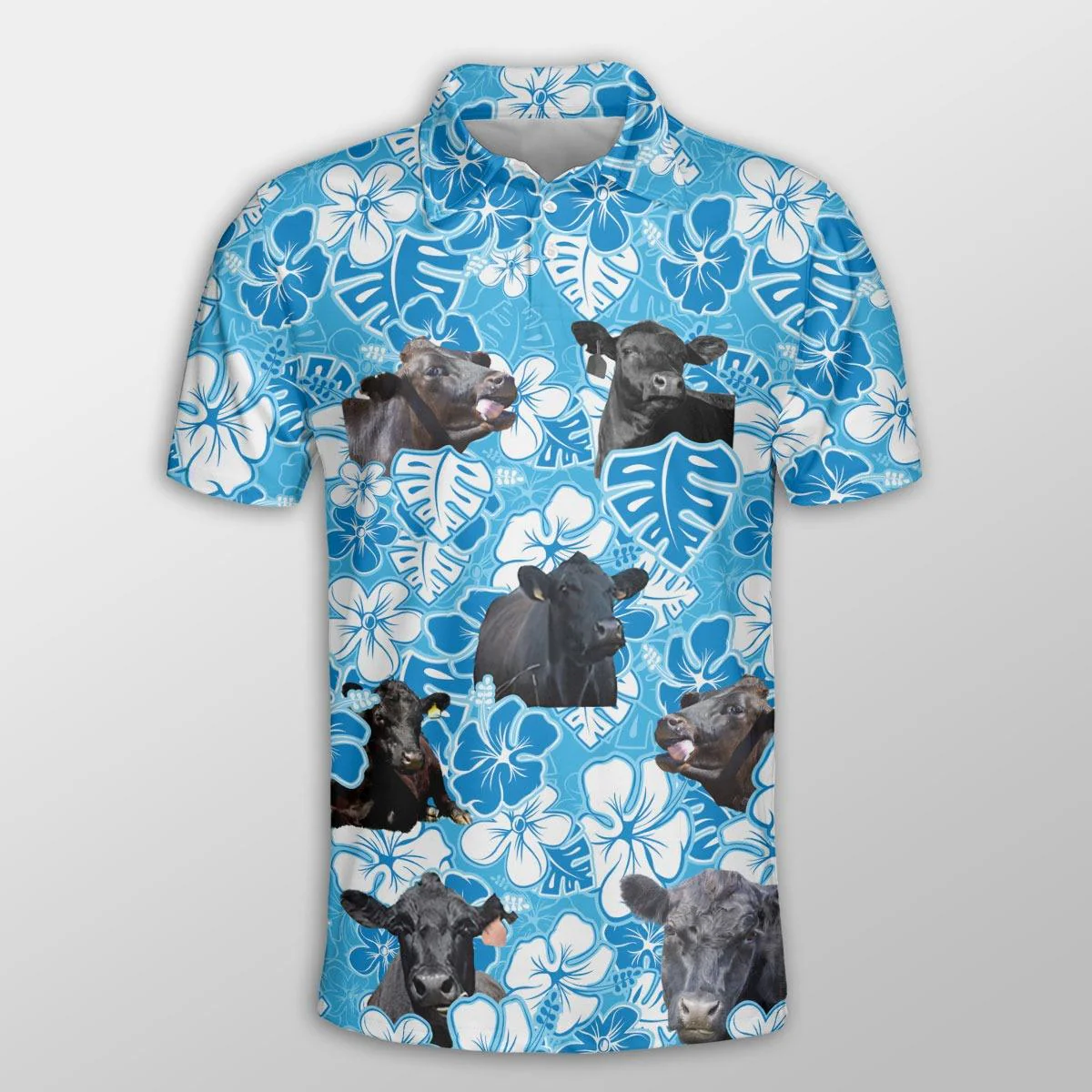 Black Angus Men Polo Shirts - Black Angus Blue Floral Pattern Button Shirts For Men - Perfect Gift For Black Angus Lovers, Cattle Lovers - Image 2