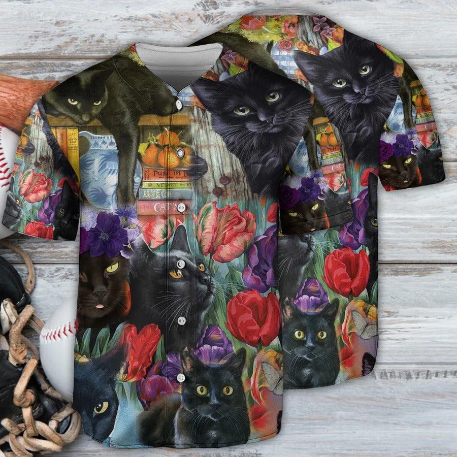 Black Cat Baseball Jersey, Black Cat Art, Flower Garden Baseball Jersey For Men And Women - Perfect Gift For Black Cat Lovers
