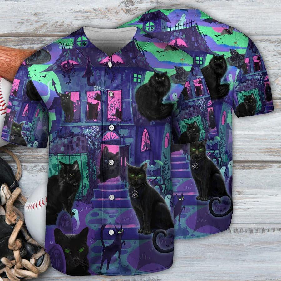 Black Cat Baseball Jersey, Halloween, Black Cat In A Haunted House Baseball Jersey For Men And Women - Perfect Gift For Black Cat Lovers