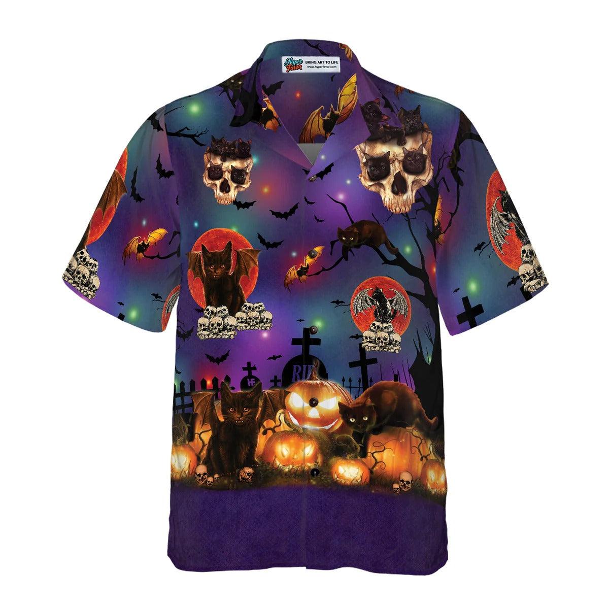Black Cat Halloween Hawaiian Shirt, Skull Hawaiian Shirt, Pumpkin Hawaiian Shirt - Perfect Gift For Lover, Friend, Family - Image 2